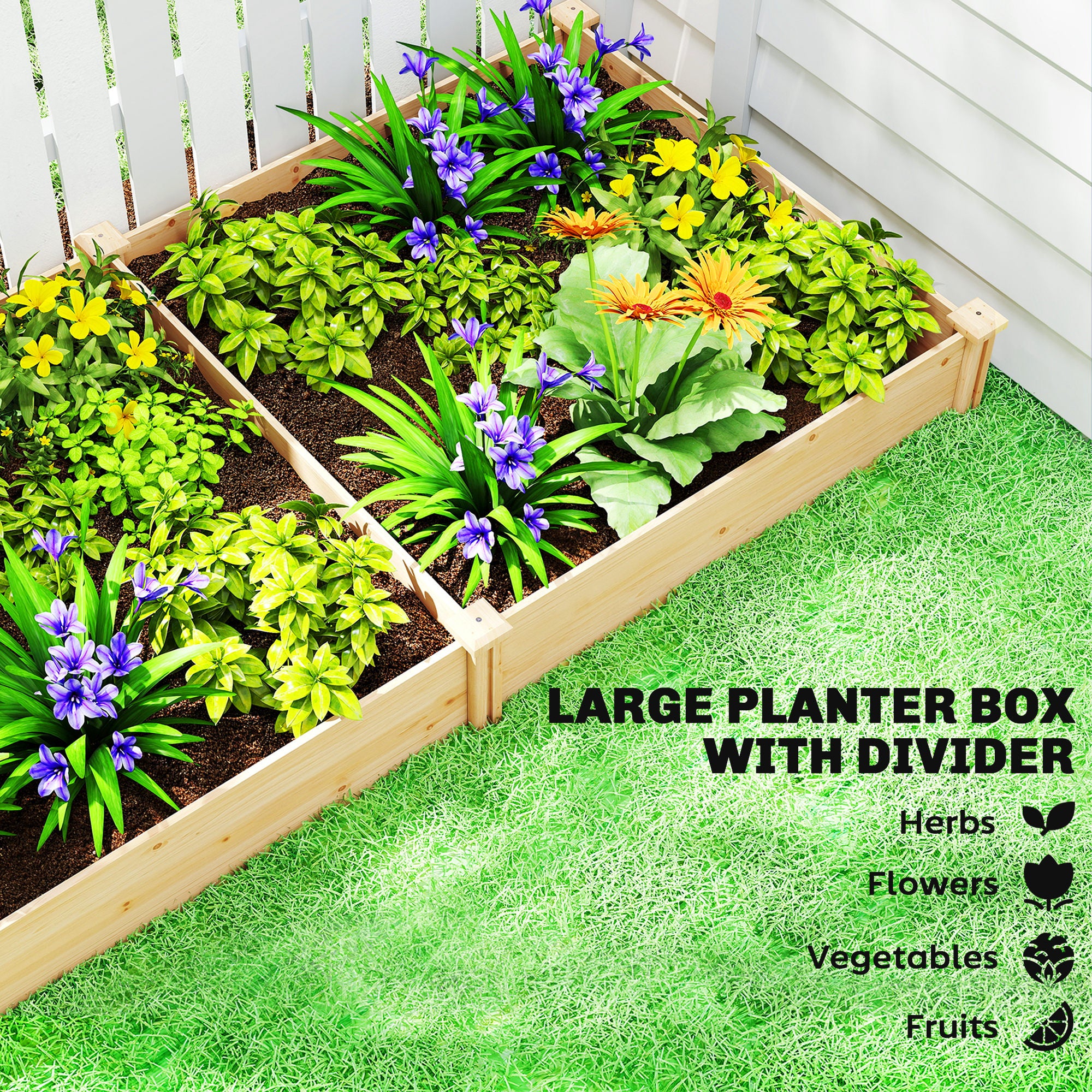 Outsunny Raised Garden Bed, Wooden Planter Box with Divider and Open Bottom for Flowers, Herbs, Vegetables, DIY Painting