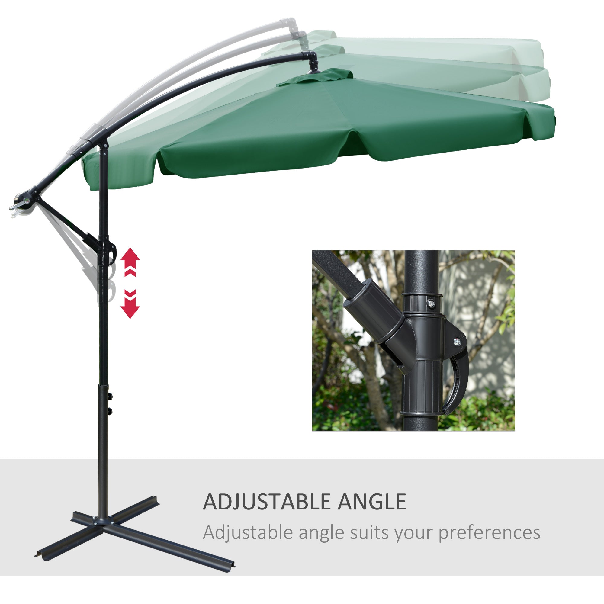 Outsunny 2.7m Garden Parasol Cantilever Umbrella with Crank Handle and Cross Base for Outdoor, Hanging Sun Shade, Green - North Peak Garden Furniture