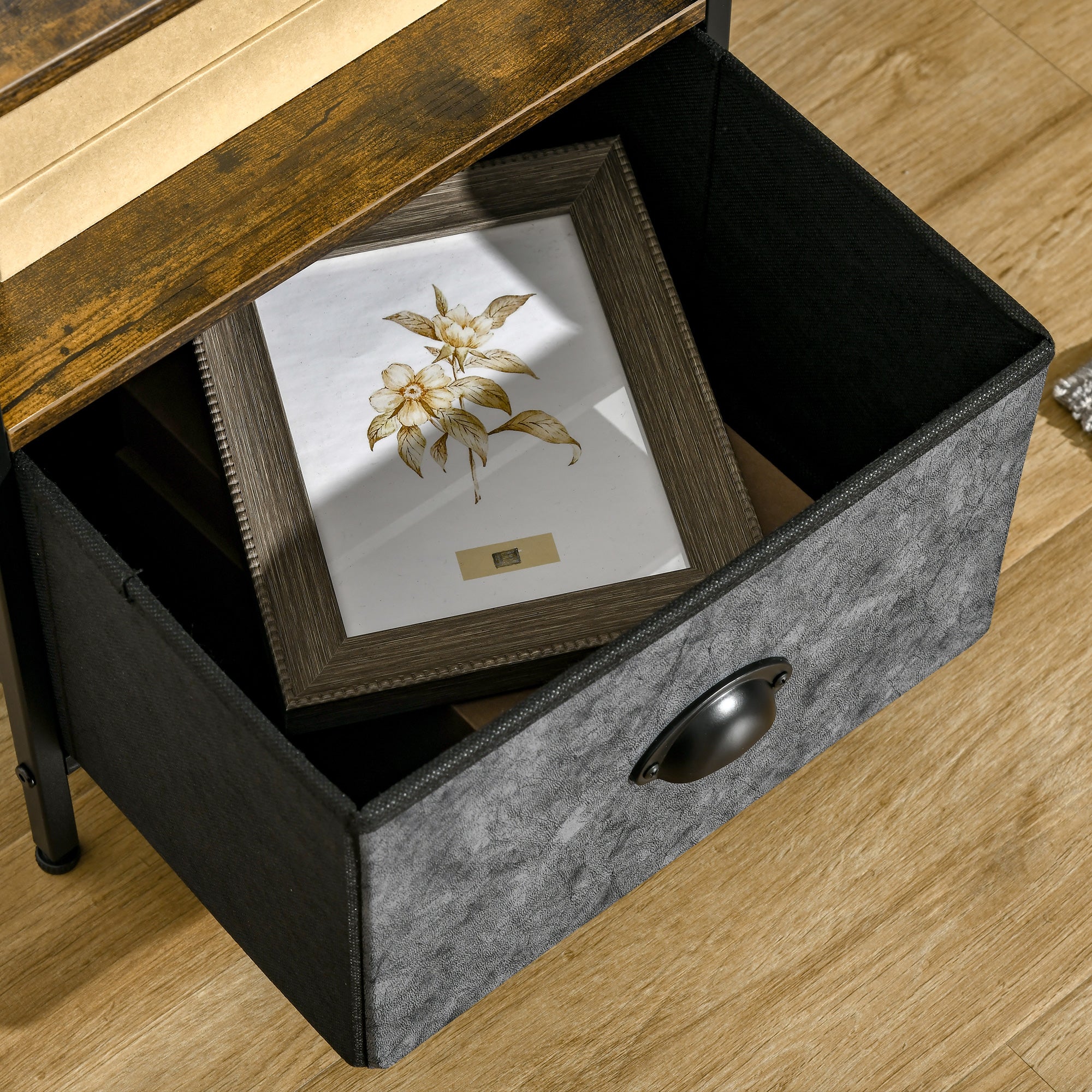 HOMCOM Bedside Table, Nightstand with Non-Woven Fabric Drawer, Side Table, End Table for Living room, Bedroom, Rustic Brown - North Peak Garden Furniture