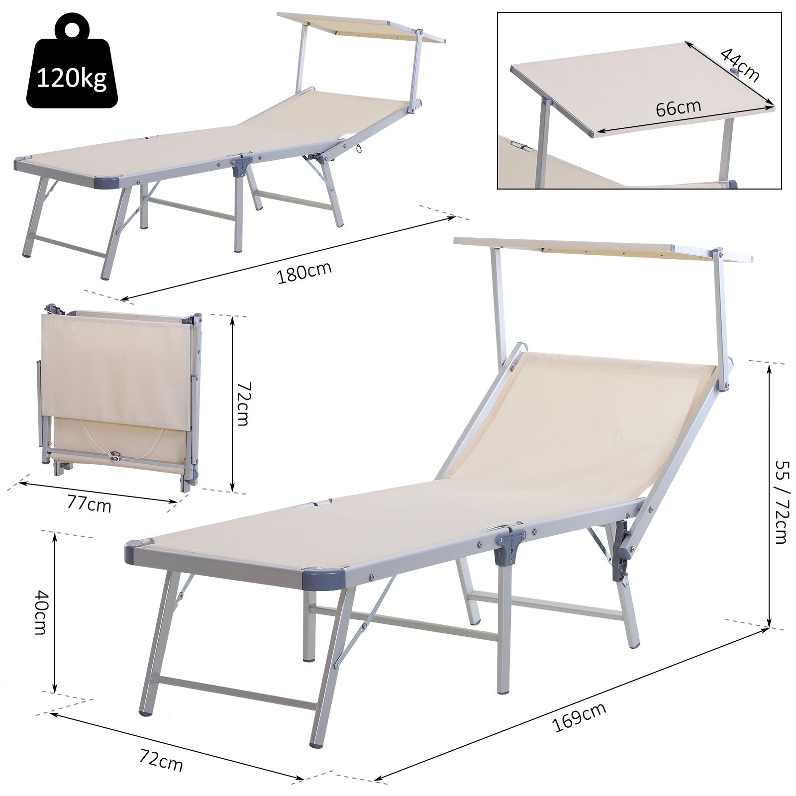 Outsunny Canopied Sun Lounger: Texteline Recliner with Adjustable Backrest, Aluminium Frame, Beige