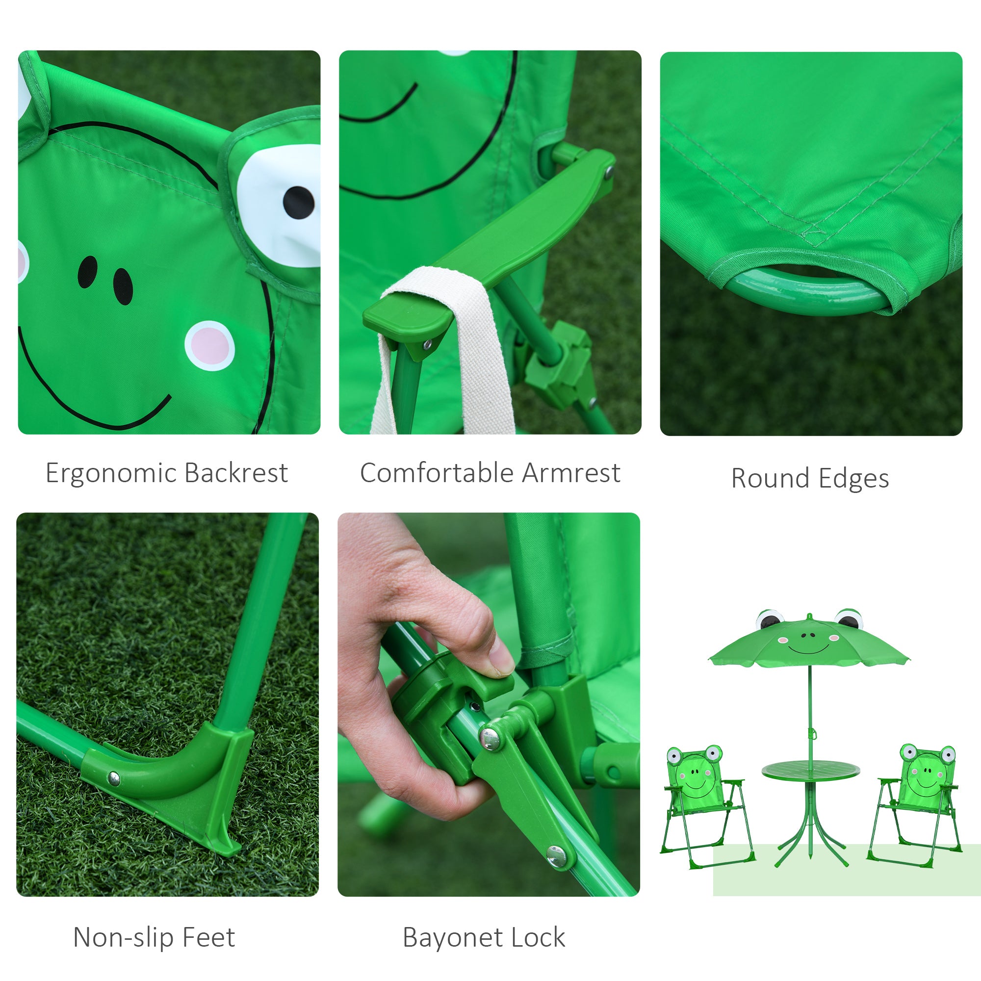 Outsunny Kids Outdoor Table and Chairs Garden Furniture Frog Pattern with Removable & Height Adjustable Sun Umbrella, Green - North Peak Garden Furniture