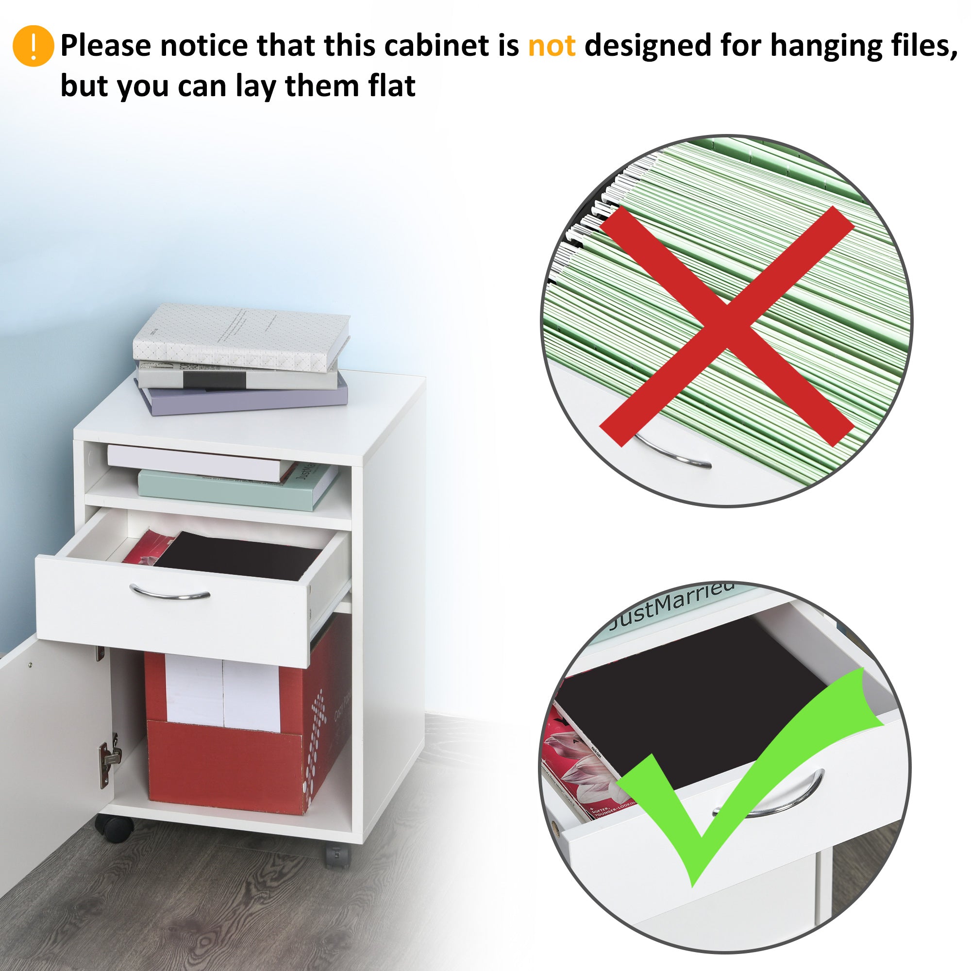 HOMCOM 60cm Storage Cabinet with Drawer, Open Shelf, Metal Handles and 4 Wheels, Office Home Organiser Mobile Printer, White - North Peak Garden Furniture