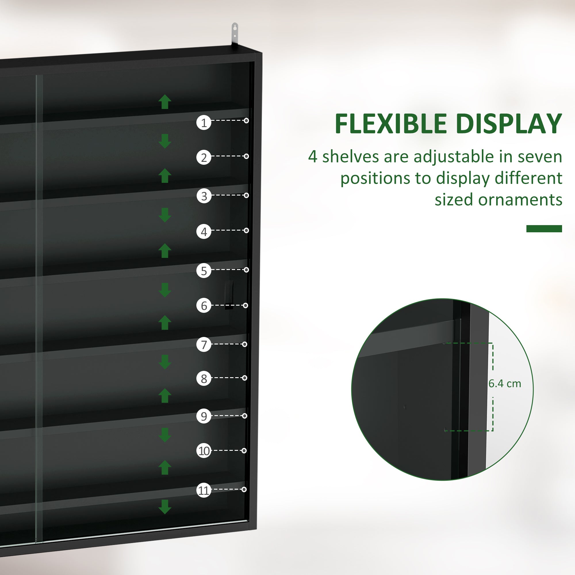 HOMCOM 7-Tier Wall Display Shelf Unit Cabinet w/ 6 Adjustable Shelves Glass Doors Home Office Ornaments 83x80cm, Black - North Peak Garden Furniture