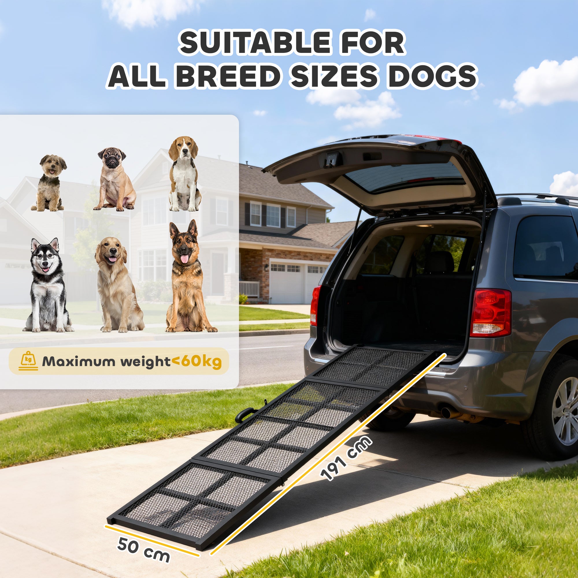 PawHut 191 x 20cm Dog Ramp for Car, Extra Long Pet Stairs with Non-Slip Surface, for Large Dogs, Black