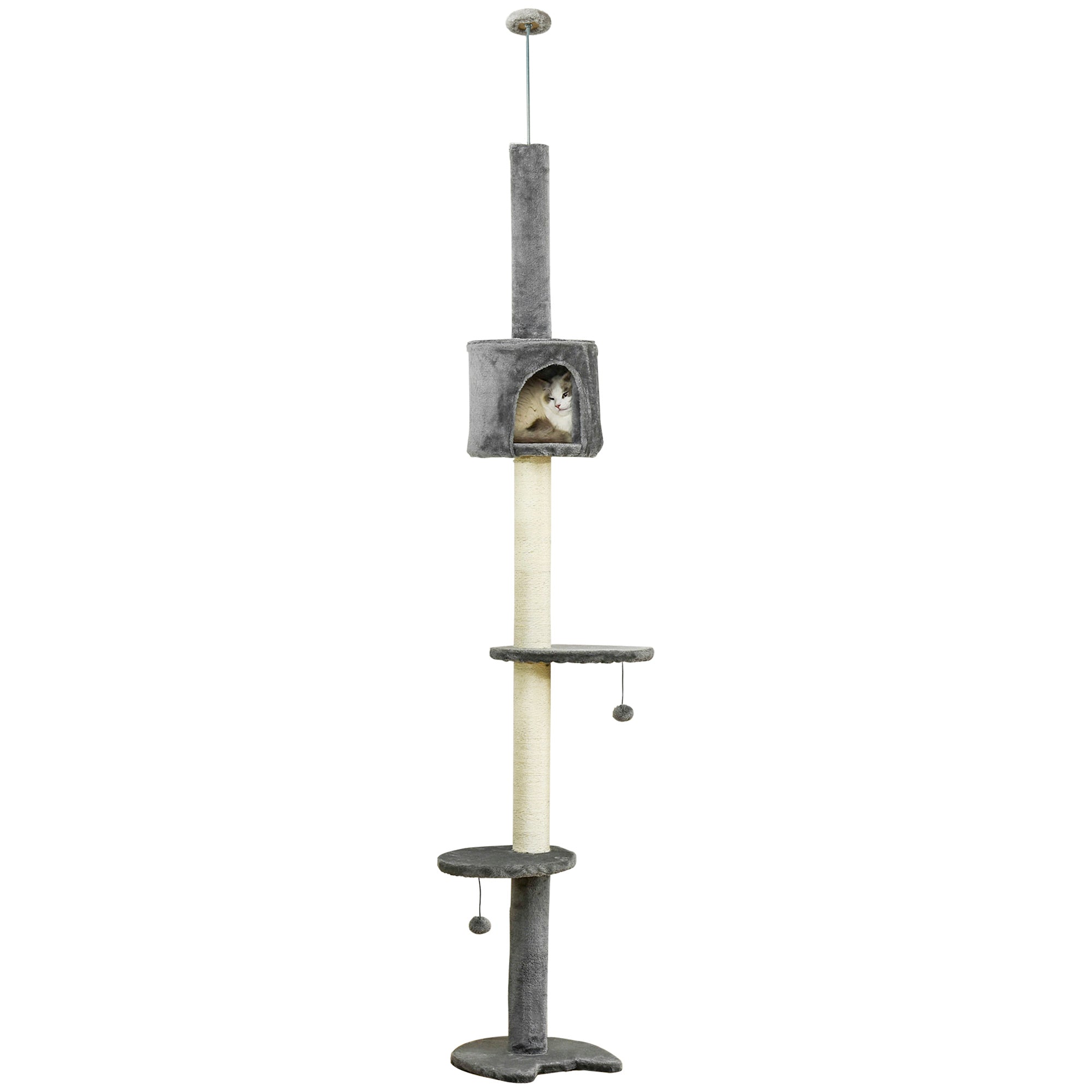 PawHut Floor to Ceiling Cat Tree for Indoor Cats, Kitten Tower, Condo, Multi-Layer Activity Center, Indoor Pet Play House with Solid Scratching Post Hanging Balls, Light Grey - North Peak Garden Furniture
