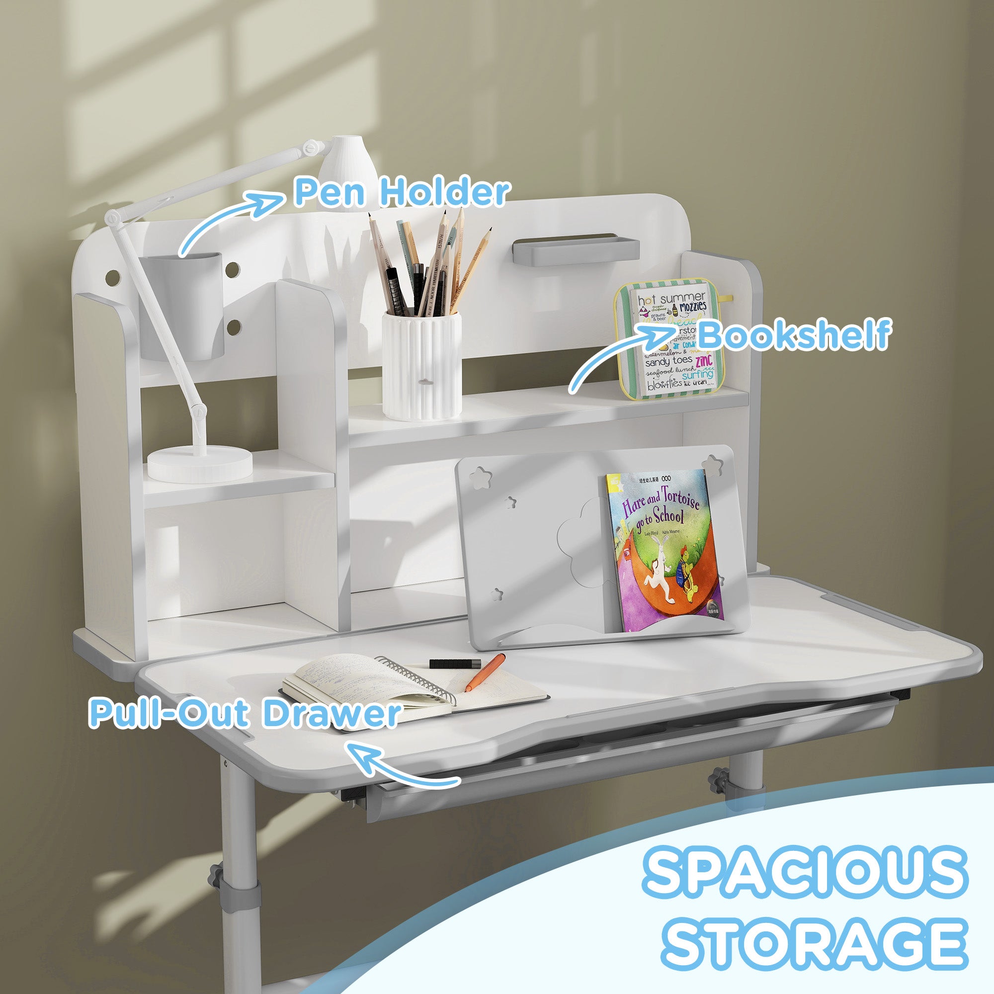 AIYAPLAY Height Adjustable Kids Desk and Chair Set, Children School Study Desk with Tiltable Desktop, Reading Rack, Grey - North Peak Garden Furniture