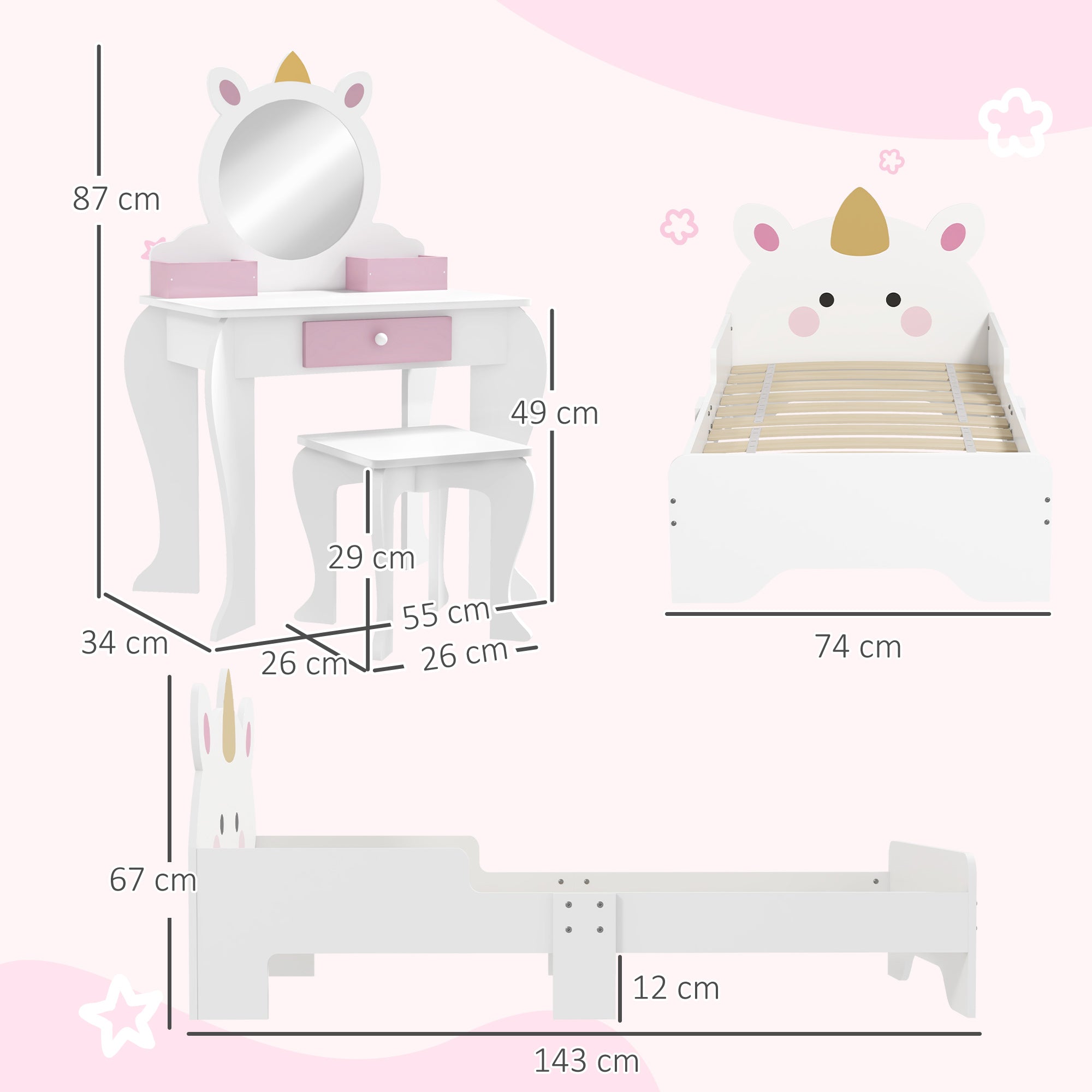 ZONEKIZ Kids Bedroom Furniture Set with Kids Dressing Table with Mirror and Stool, Toddler Bed Frame for 3-6 Years, Unicorn Design - North Peak Garden Furniture