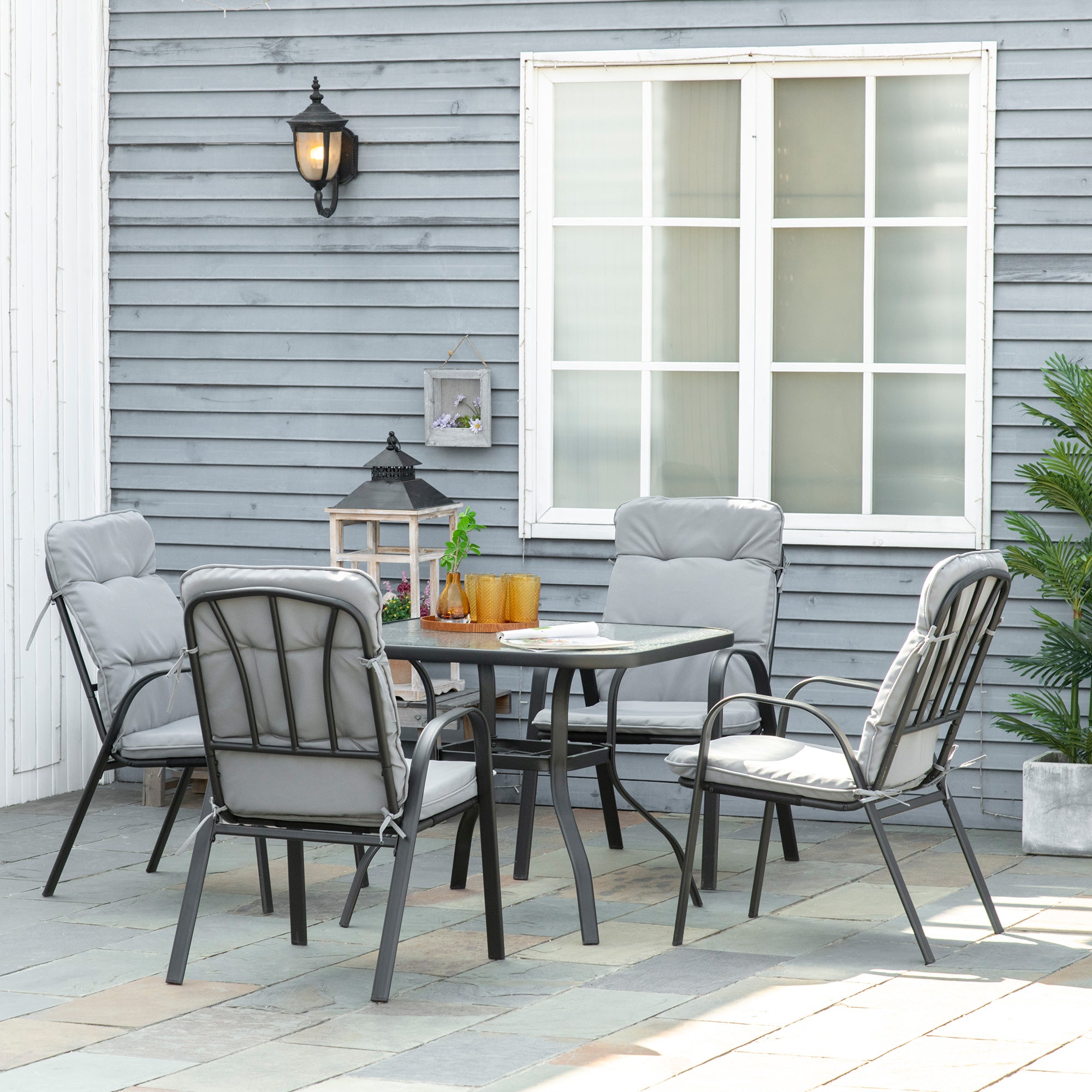 Outsunny 5 Pieces Outdoor Square Garden Dining Set w/ Tempered Glass Dining Table 4 Cushioned Armchairs, Umbrella Hole, Grey