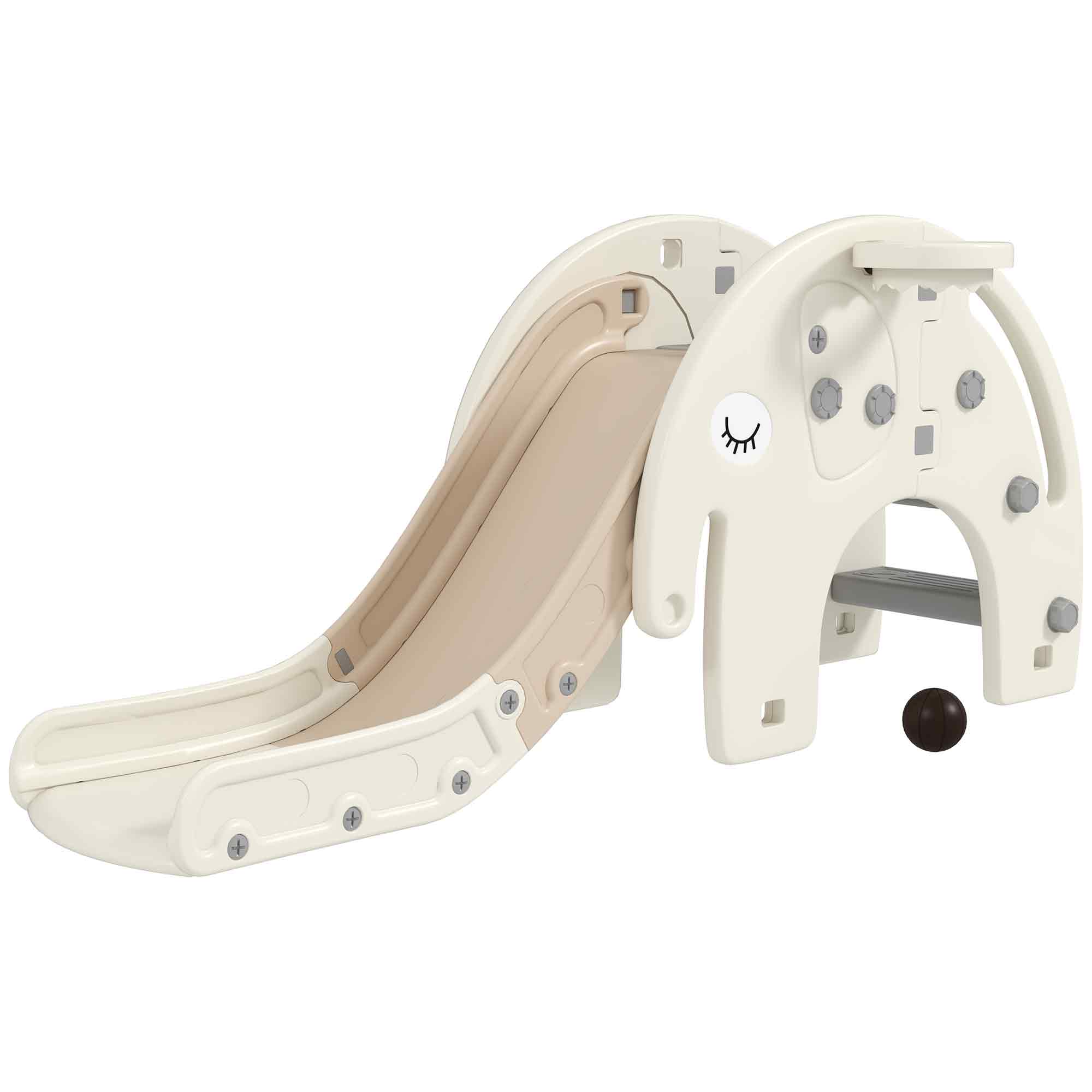 AIYAPLAY 3 in 1 Toddler Slide with Basketball Hoop, Climber, Elephant-Themed, for 1-3 Years, Cream White - North Peak Garden Furniture