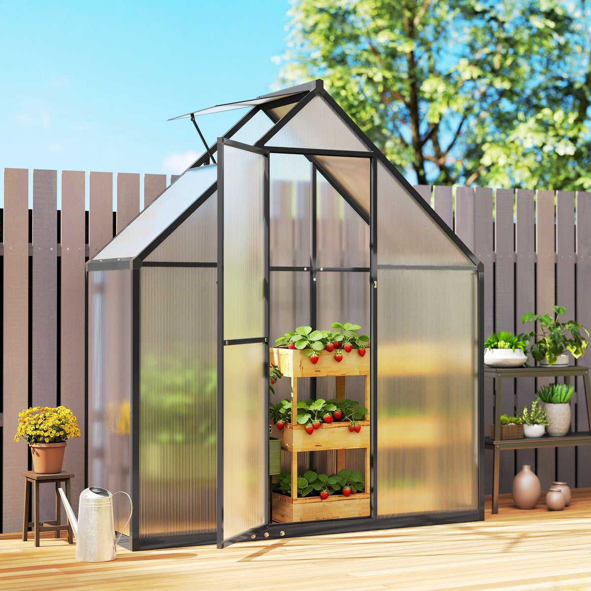 Outsunny 5.5 x 2ft Polycarbonate Greenhouse, Quick Setup Walk in Green House, Push Door, Adjustable Roof Vent, Rain Gutter, Black