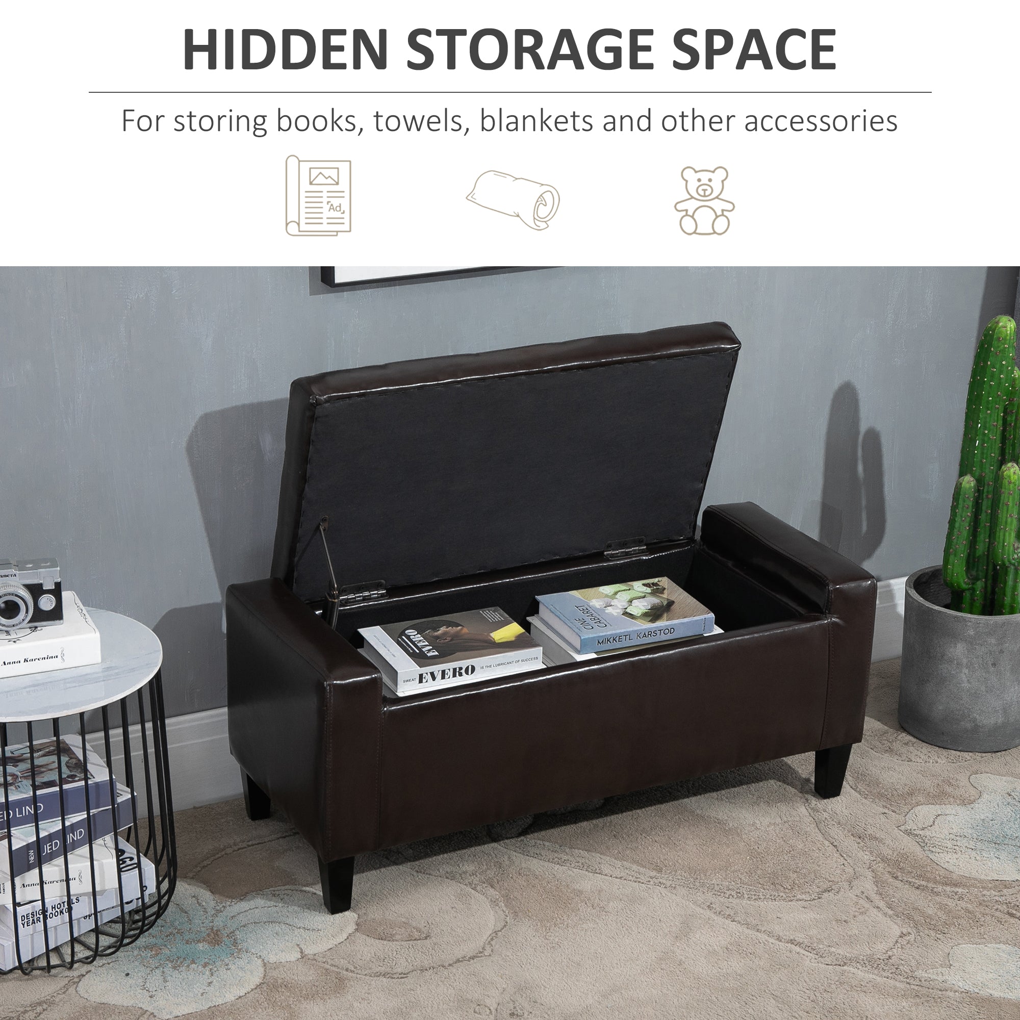 HOMCOM PU Leather Storage Ottoman Bench Storage Chest Tufted Ottoman Cube w/ Flipping Top 92L x 40W x 40H cm Brown - North Peak Garden Furniture