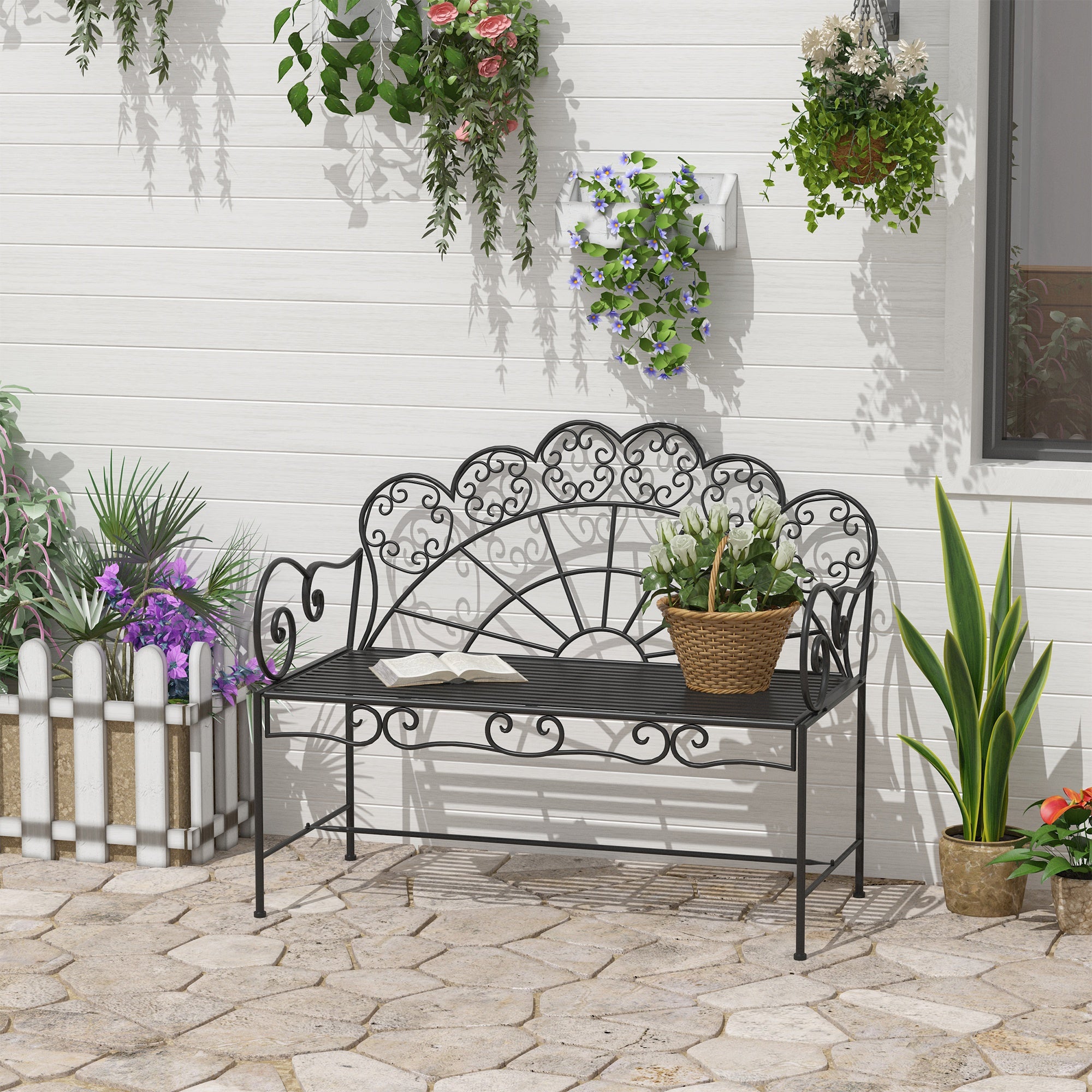Outsunny Metal Garden Bench Loveseat with Slatted Seat, Black