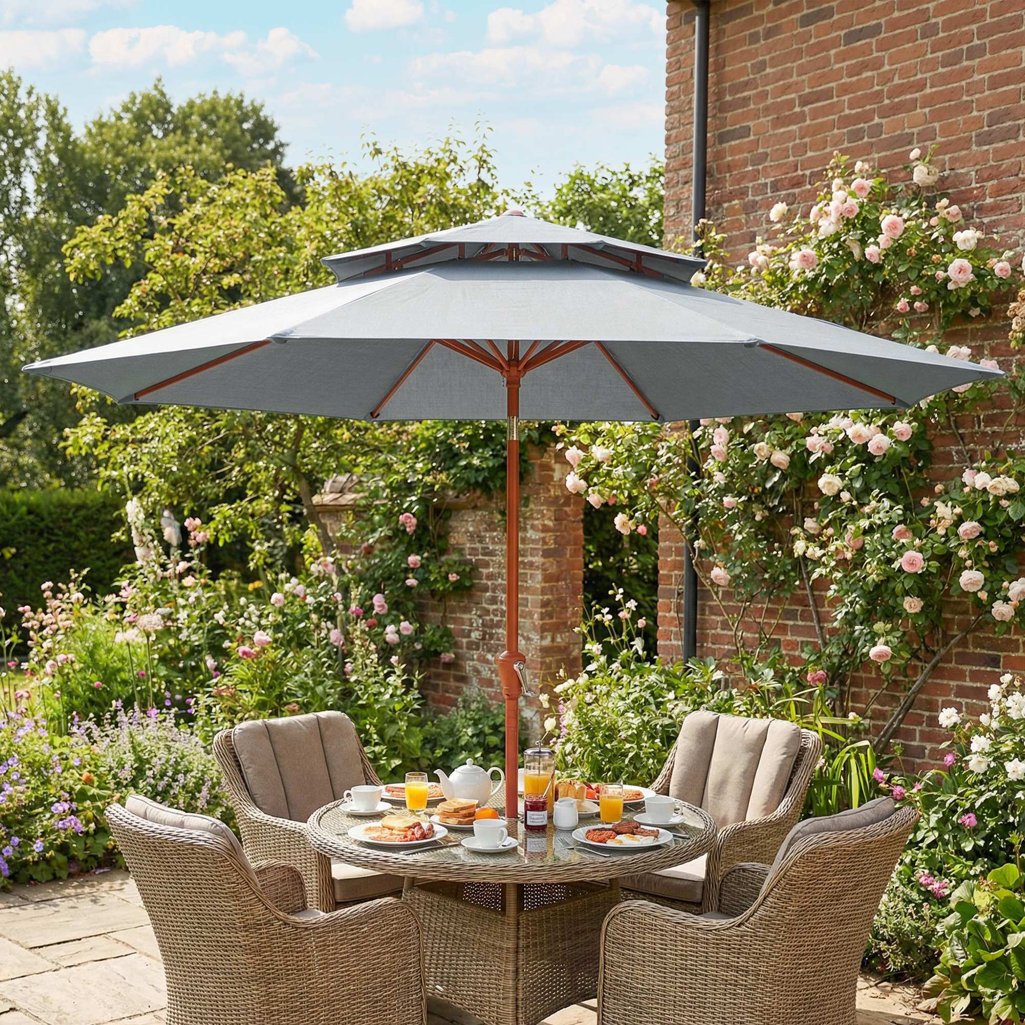 Outsunny 2.7 m Garden Parasol with Double Top Outdoor Market Table Umbrella with Crank System, Light Grey