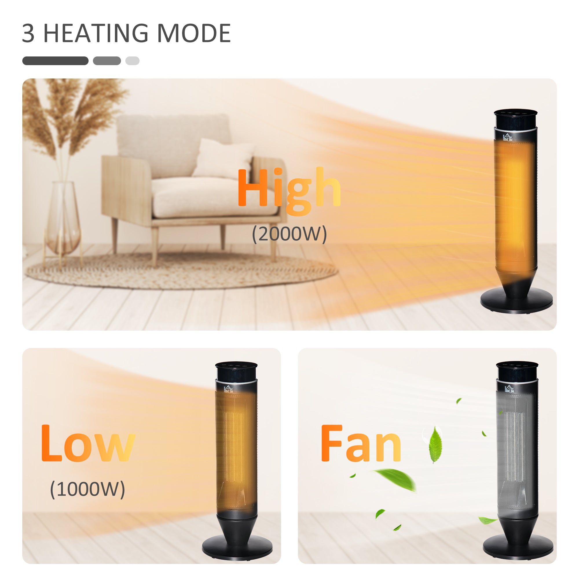 HOMCOM 21 Inch Space Heater, 1000W/2000W Ceramic Electric Heater and Fan, Overheating & Tip-Over Protection, 8H Timer, 42° Oscillation, Portable Heater for Home - North Peak Garden Furniture