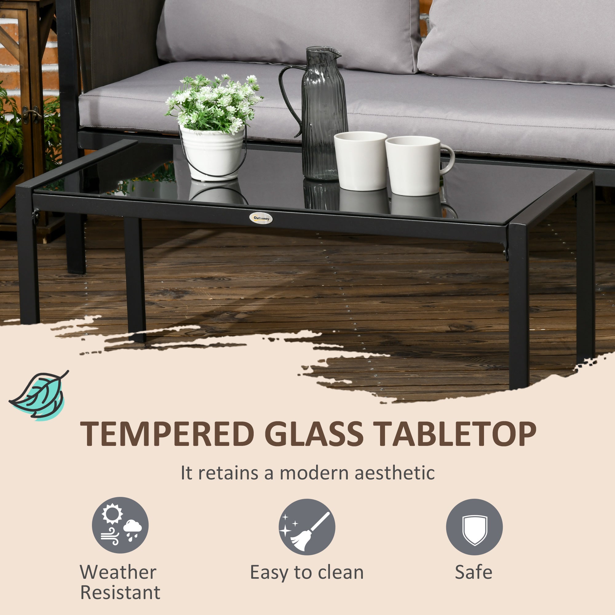 Outsunny 4 Piece Metal Garden Furniture Set with Tempered Glass Coffee Table, Texteline Pocket, Outdoor Patio Set Loveseat Single Armchairs with Padded Cushions, Light Grey - North Peak Garden Furniture
