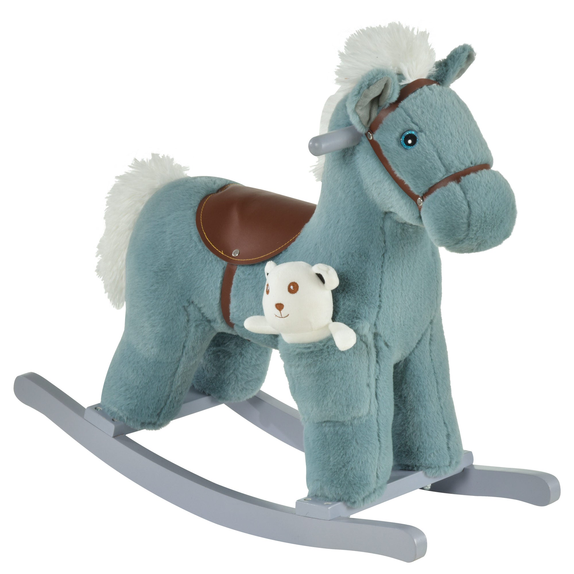 HOMCOM Kids Plush Ride-On Rocking Horse Toy Rocker with Plush Toy Realistic Sounds for Child 18-36 Months Blue - North Peak Garden Furniture