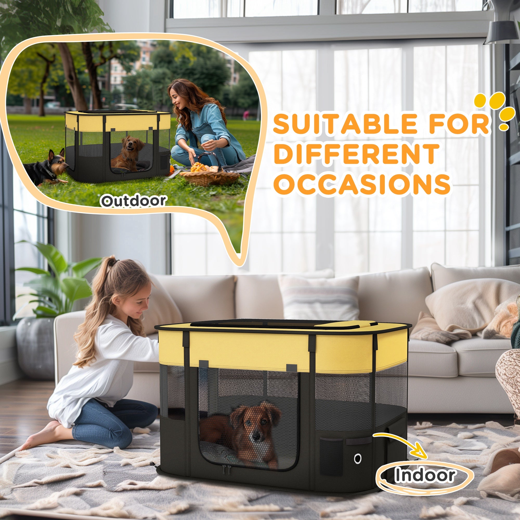 PawHut Foldable Dog Pen with Storage Bag for Indoor/Outdoor Use, Portable Pet playpen, with Ground Stakes - Yellow - North Peak Garden Furniture