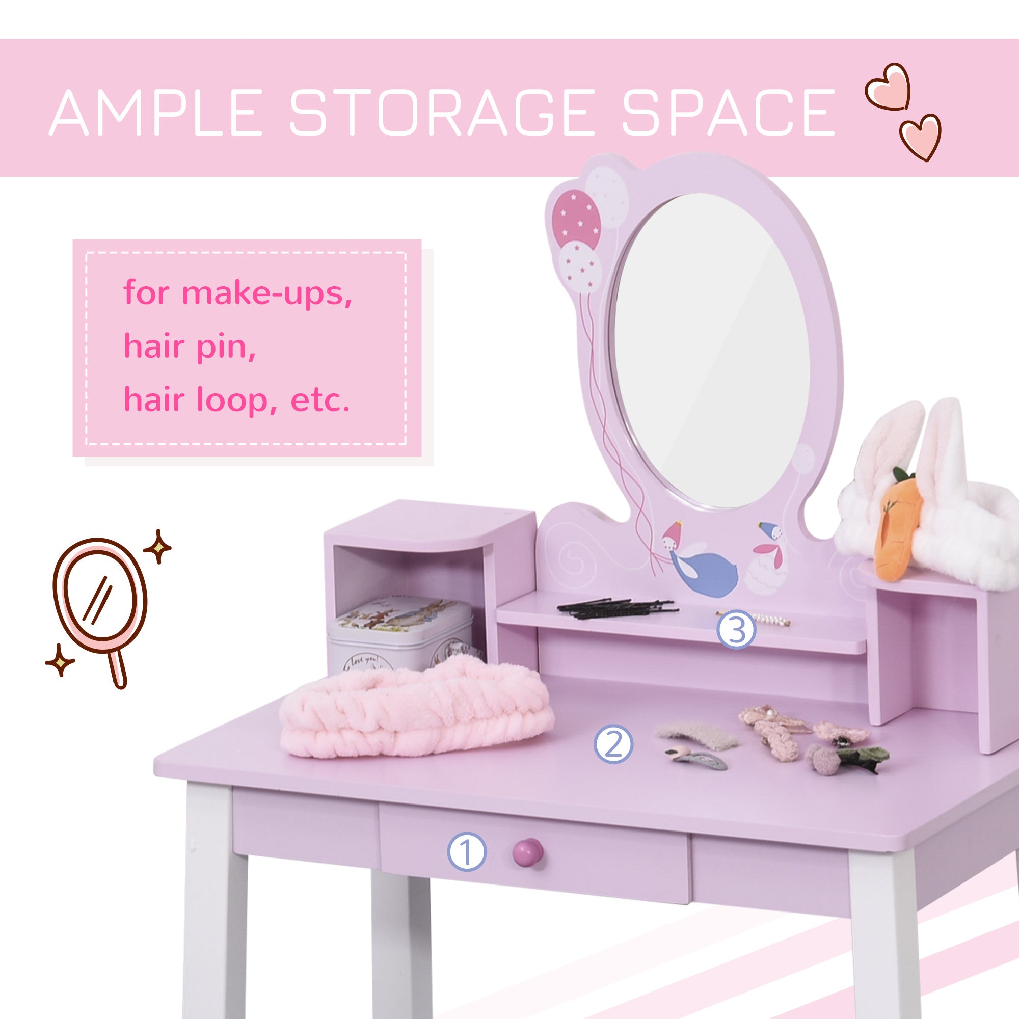 HOMCOM Kids Wooden Dressing Table and Stool Make Up Desk (Pink) - North Peak Garden Furniture