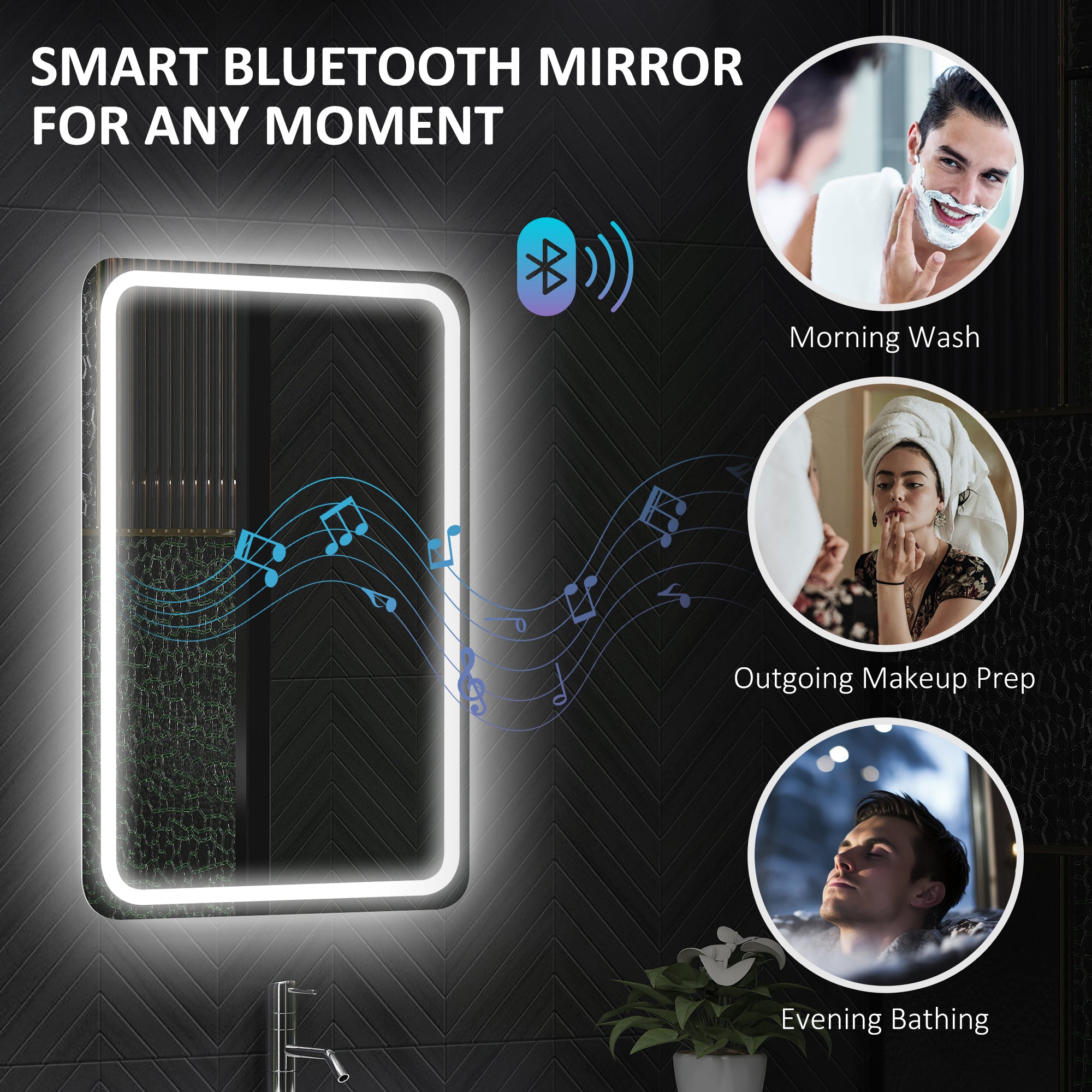 HOMCOM 50 x 70 cm Bluetooth LED Bathroom Mirror with Anti-Fog - Silver Tone - North Peak Garden Furniture