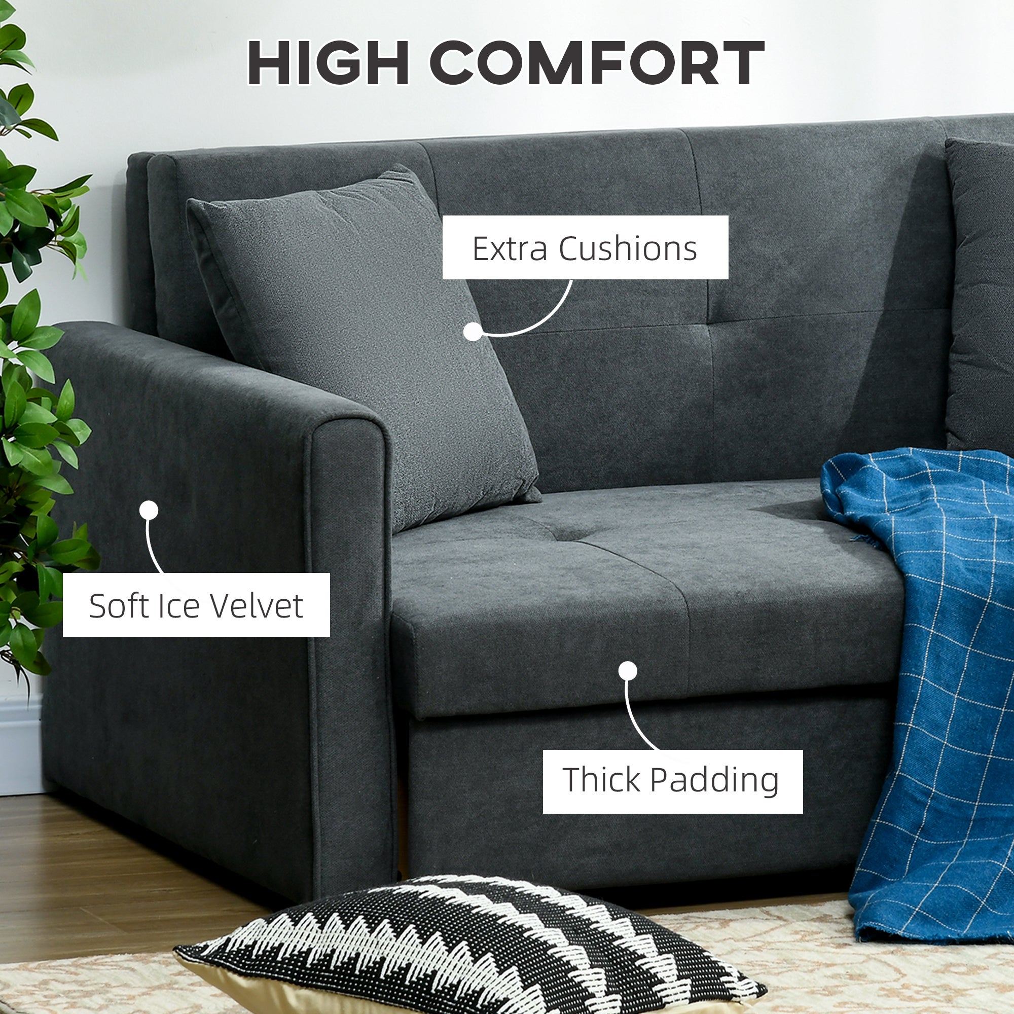 HOMCOM 2 Seater Sofa Bed, Convertible Bed Settee, Modern Fabric Loveseat Sofa Couch with 2 Cushions, Hidden Storage for Living Room, Guest Room, Dark Grey
