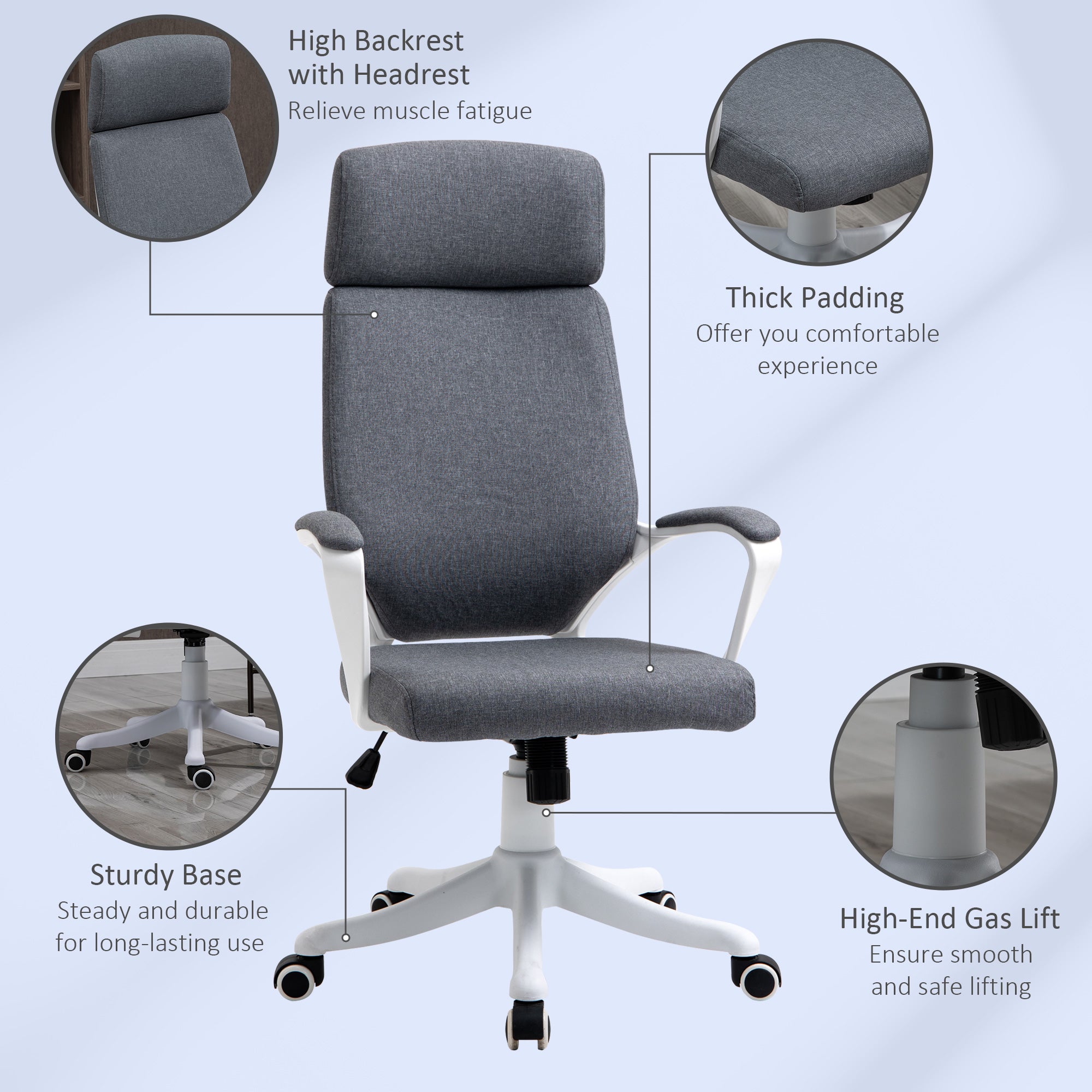 Vinsetto Office Chair, Ergonomic Desk Chair, High Back Study Chair with Headrest and Lumbar Back Support, Adjustable Height for Home and Work, Grey