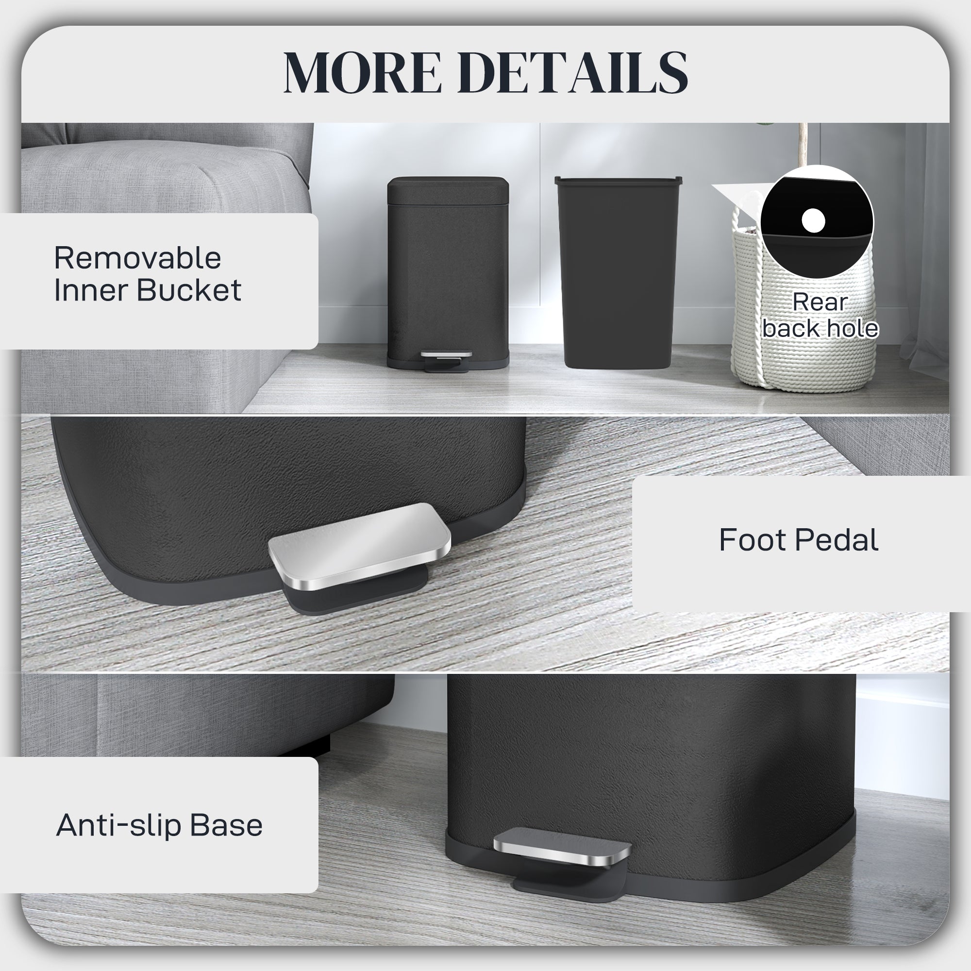 HOMCOM 12L Modern Boxy Metal Home Kitchen Bin - Black - North Peak Garden Furniture