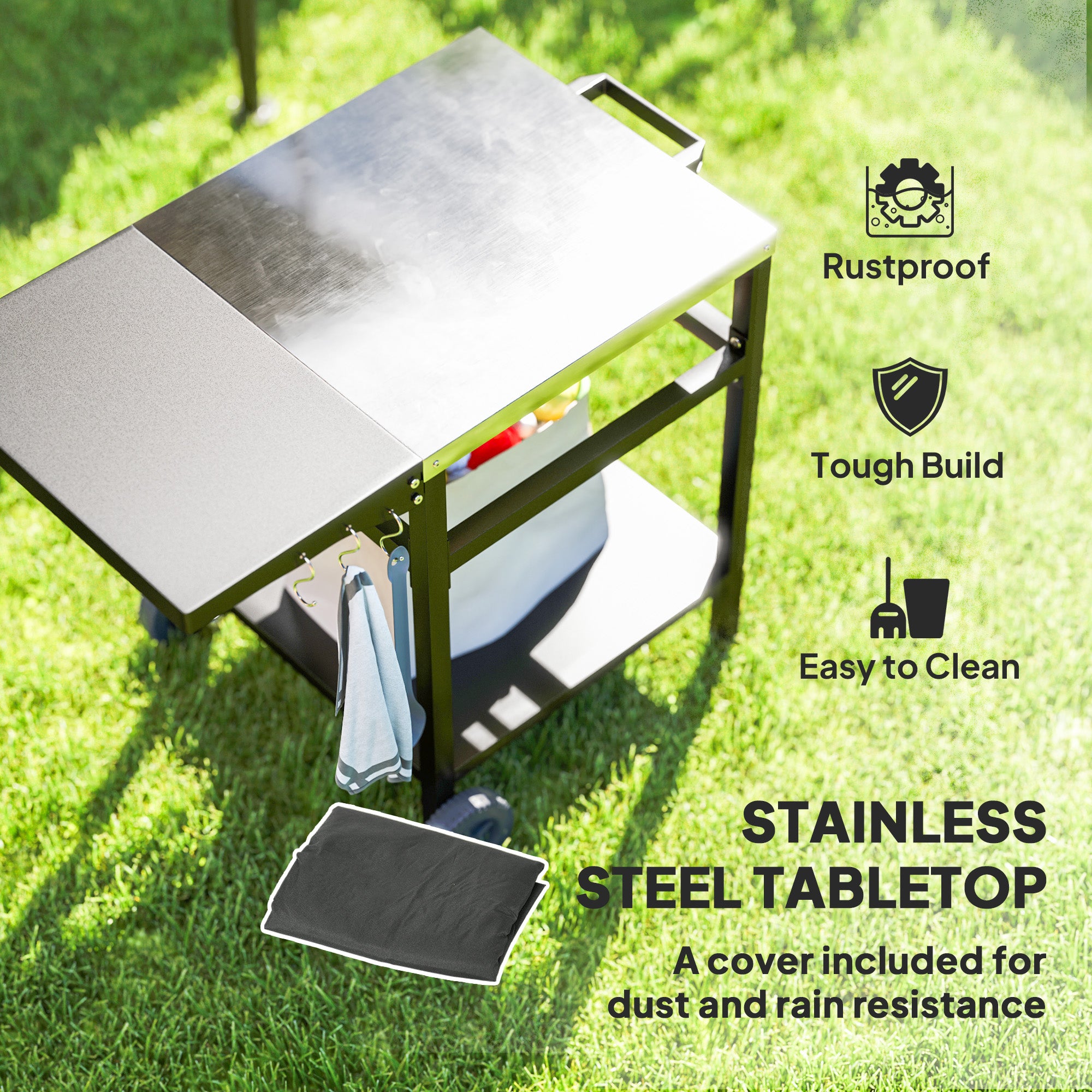 Outsunny BBQ Trolley with Stainless Steel Top and Foldable Side Table, Outdoor Kitchen BBQ Station with Hooks and Shelf, Pizza Oven Table Movable Outdoor Grill Dining Cart with Cover, Black - North Peak Garden Furniture