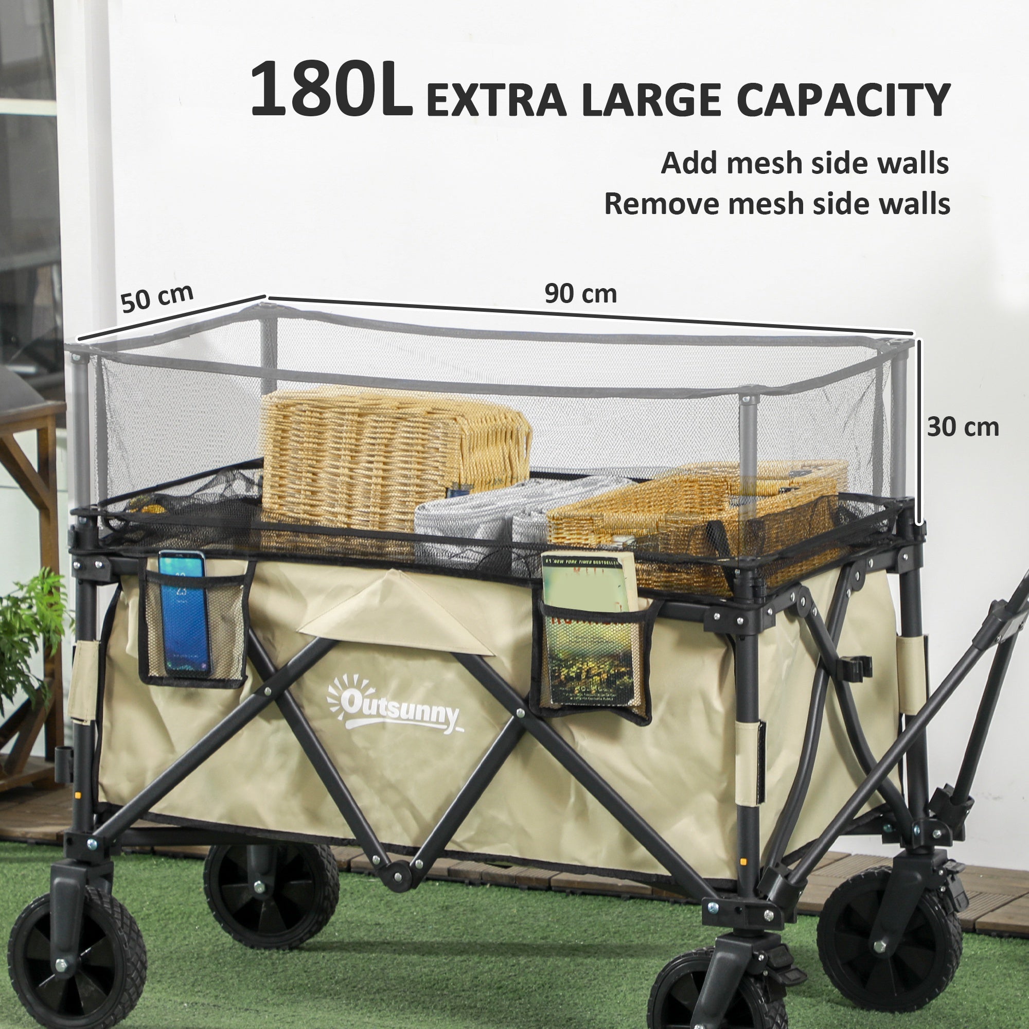 Outsunny Folding Garden Trolley, 180L Wagon Cart with Extendable Side Walls, for Beach, Camping, Festival, Khaki - North Peak Garden Furniture