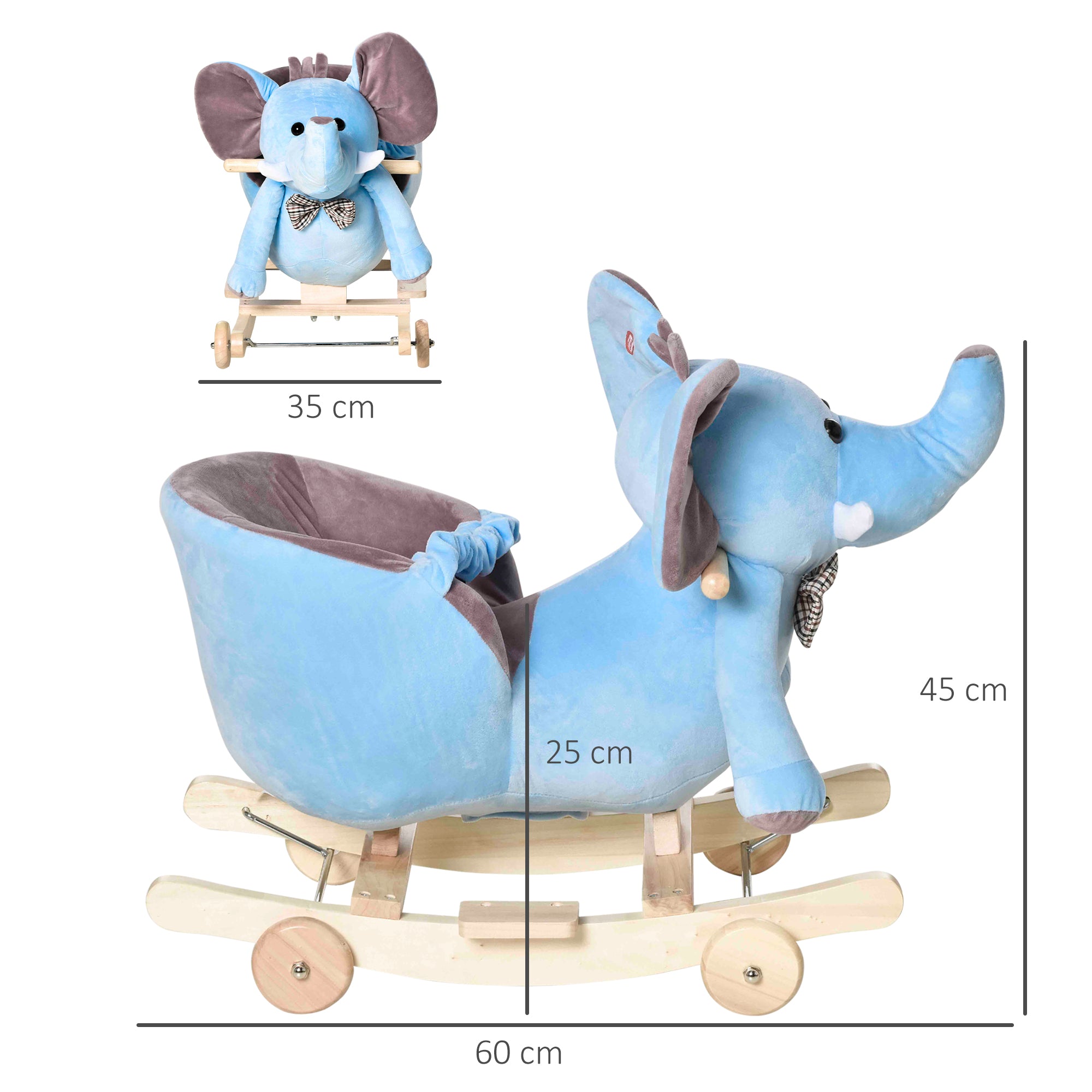 HOMCOM 2 In 1 Plush Baby Ride on Rocking Horse Elephant Rocker with Wheels Wooden Toy for Kids 32 Songs for 18+ Months (Blue) - North Peak Garden Furniture