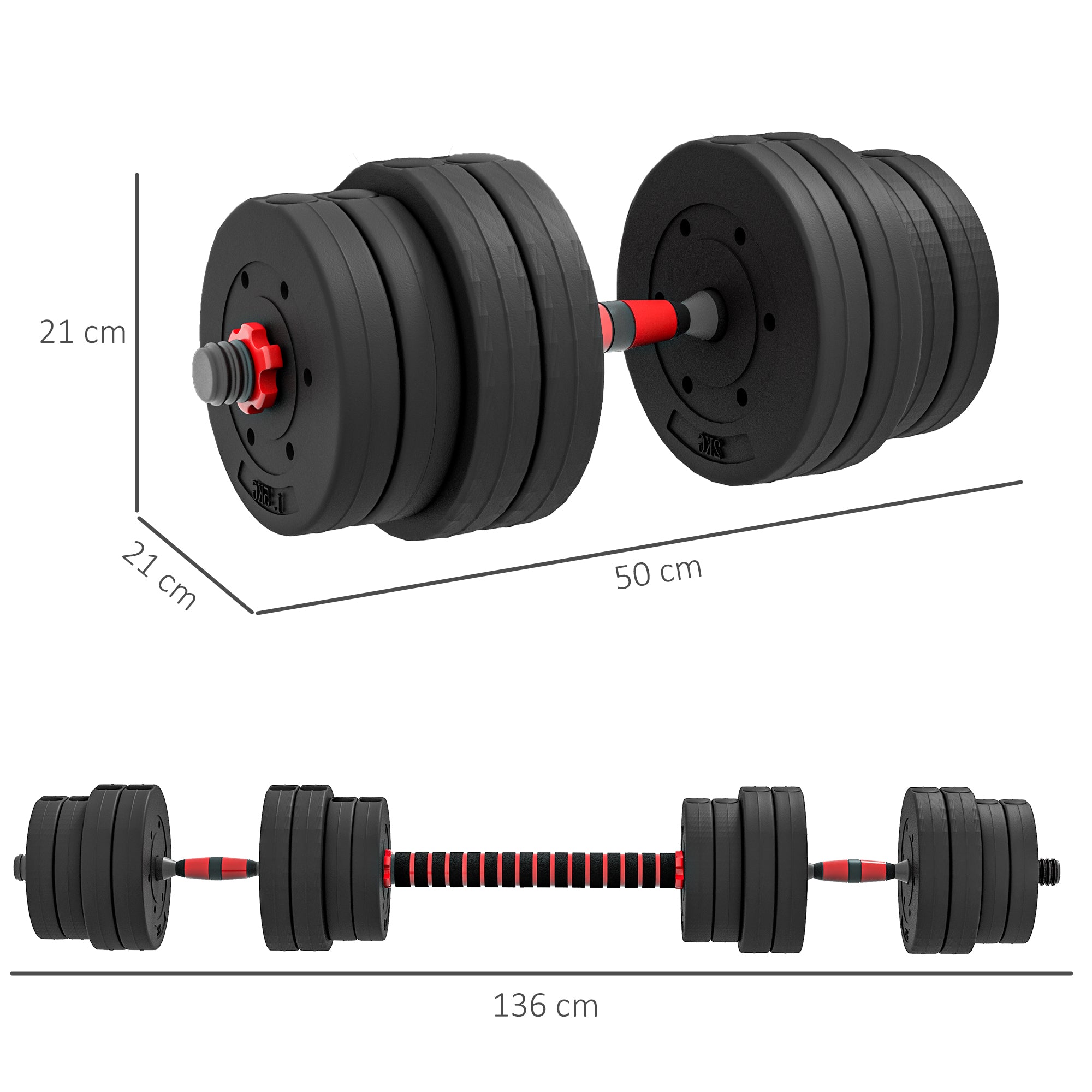 HOMCOM 30kg 2 IN 1 Adjustable Dumbbells Weight Set, Dumbbell Hand Weight Barbell for Body Fitness, Lifting Training for Home, Office, Gym, Black - North Peak Garden Furniture