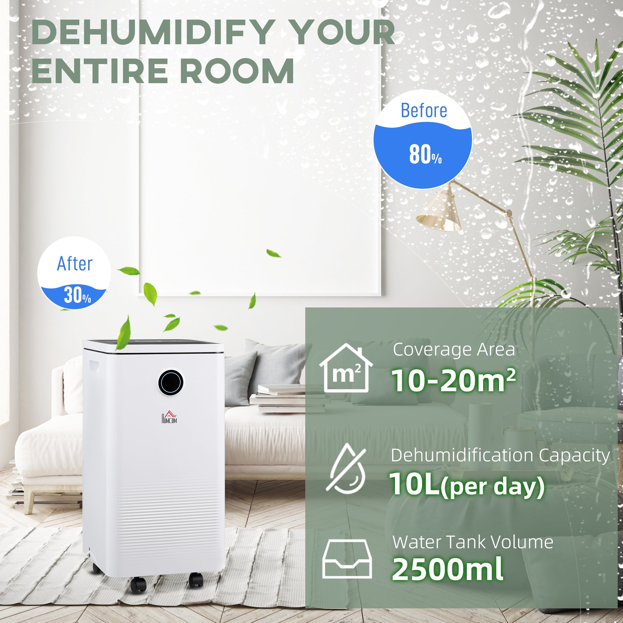 HOMCOM 10L/Day Dehumidifier with 2.5L Water Tank, Digital Display, Intelligent & Sleep Mode, 24H Timer, Laundry Clothes Drying, for Home and Large Room Basement - North Peak Garden Furniture