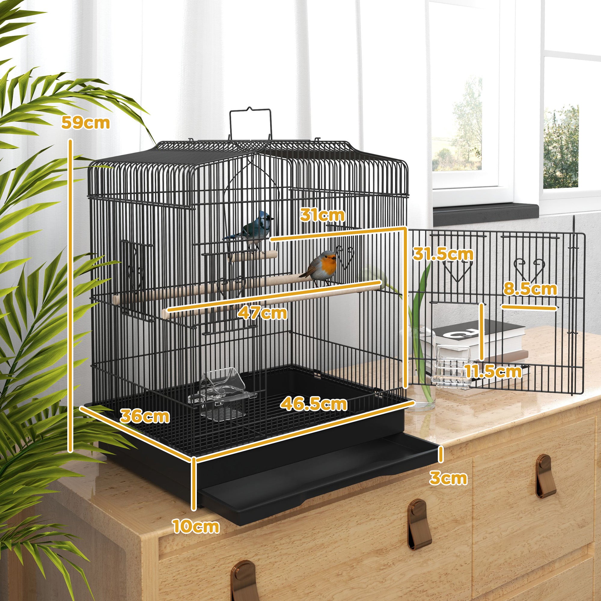 PawHut Large Metal Bird Cage with Stand, Perches, Food Bowls, Swing for Budgie, Parakeet, 46.5 x 36 x 59cm, Black - North Peak Garden Furniture