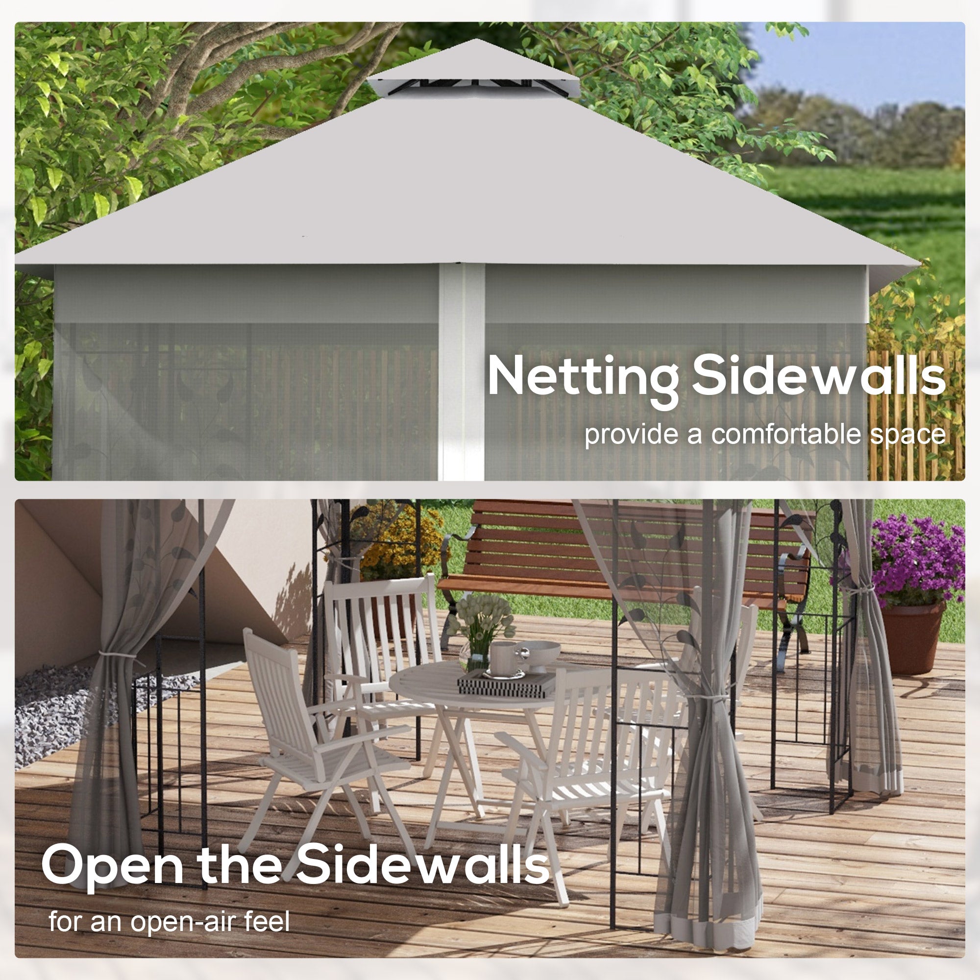 Outsunny 3(m) x 3(m) Double Roof Outdoor Garden Gazebo Canopy Shelter with Netting, Solid Steel Frame, Light Grey - North Peak Garden Furniture