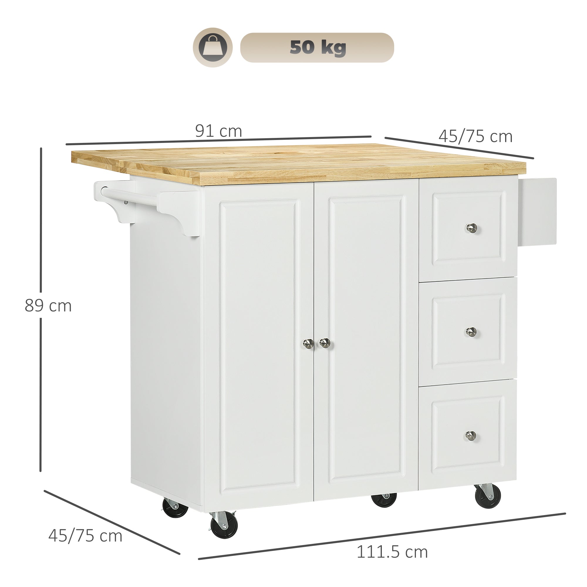 HOMCOM Drop-Leaf Kitchen Island on Wheels Utility Storage Cart with Drawers & Cabinet for Kitchen, Dining & Living Room