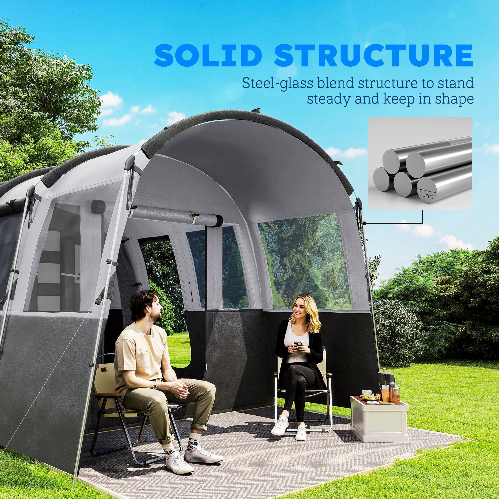 Outsunny 8-Person Camping Tent, Waterproof Family Tent, Tunnel Design, 4 Large Windows, Sleeping Cabins 3000mm Water Column Grey - North Peak Garden Furniture