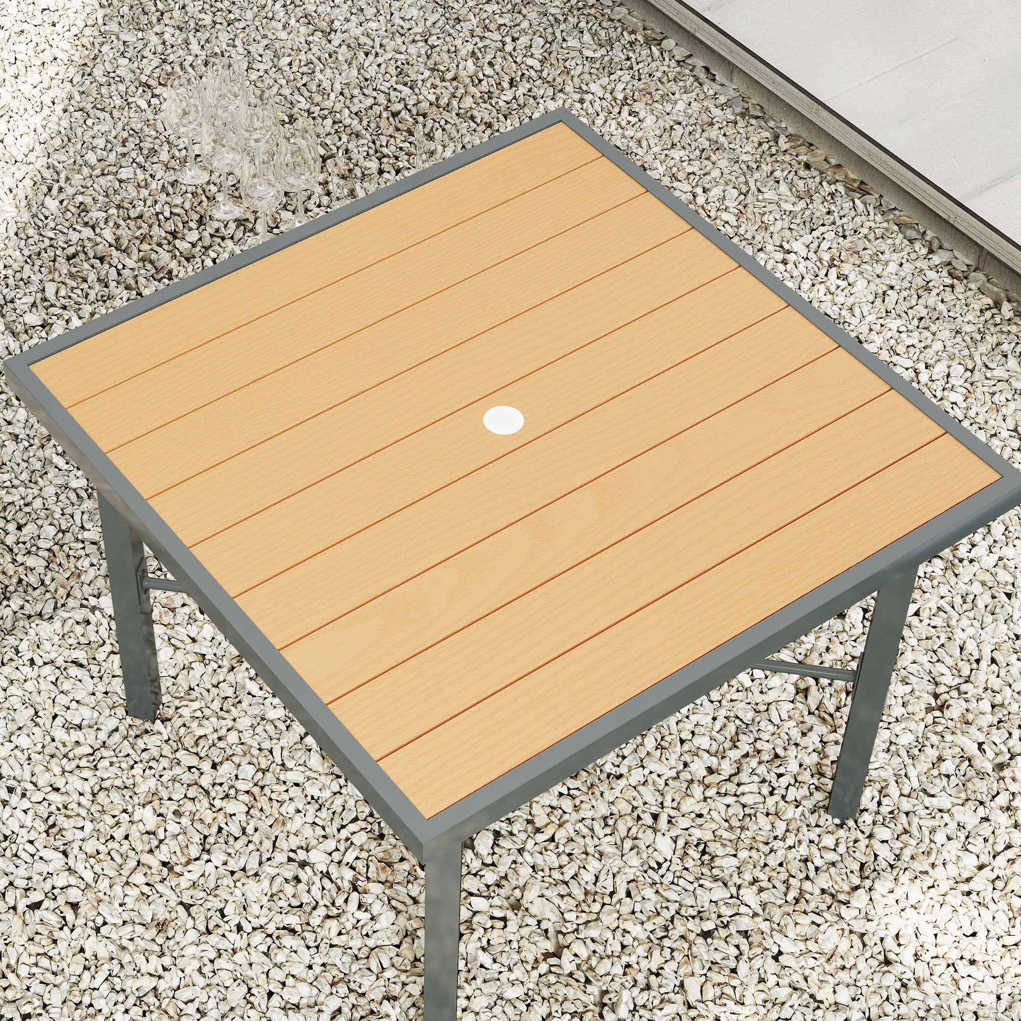 Outsunny Garden Table, 90cm Square Outdoor Patio Dining Table with 4.2 cm Umbrella Hole, Metal Frame, Wood Effect Top, for Terrace, Balcony, Natural Wood Finish - North Peak Garden Furniture