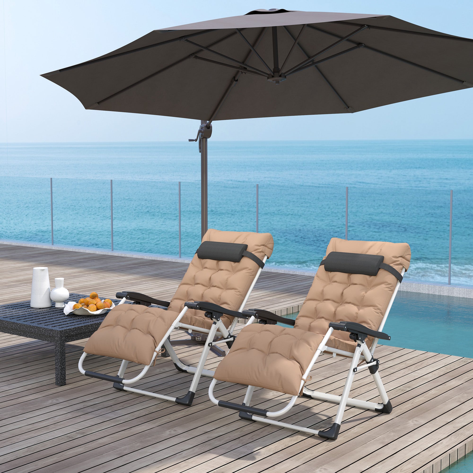 Outsunny 2 Piece Reclining Zero Gravity Sun Loungers with Cushions, Khaki - North Peak Garden Furniture