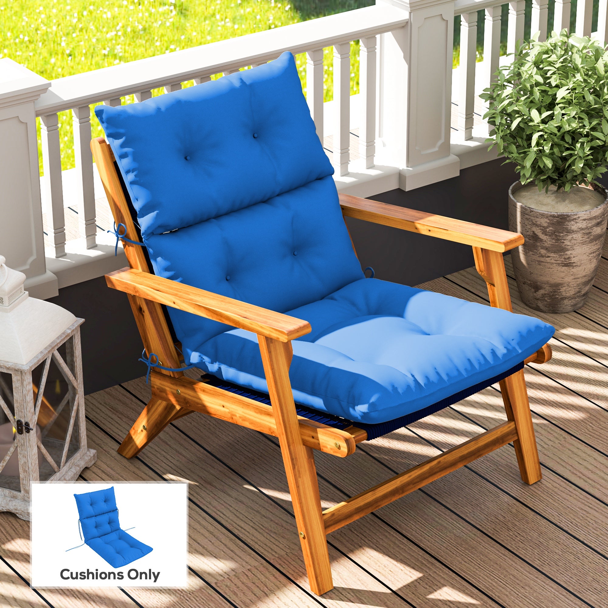 Outsunny Tufted Adirondack Chair Cushion, Thick Garden Seat Cushion Pad with Backrest, Rocking Chair Cushion with Ties for Outdoor and Indoor Use, Blue