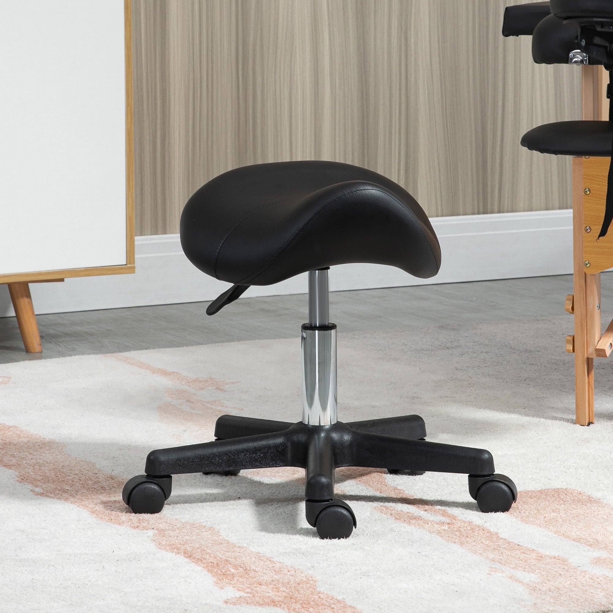 HOMCOM Saddle Stool, PU Leather Adjustable Rolling Salon Chair with Steel Frame for Massage, Spa, Beauty and Tattoo, Black - North Peak Garden Furniture