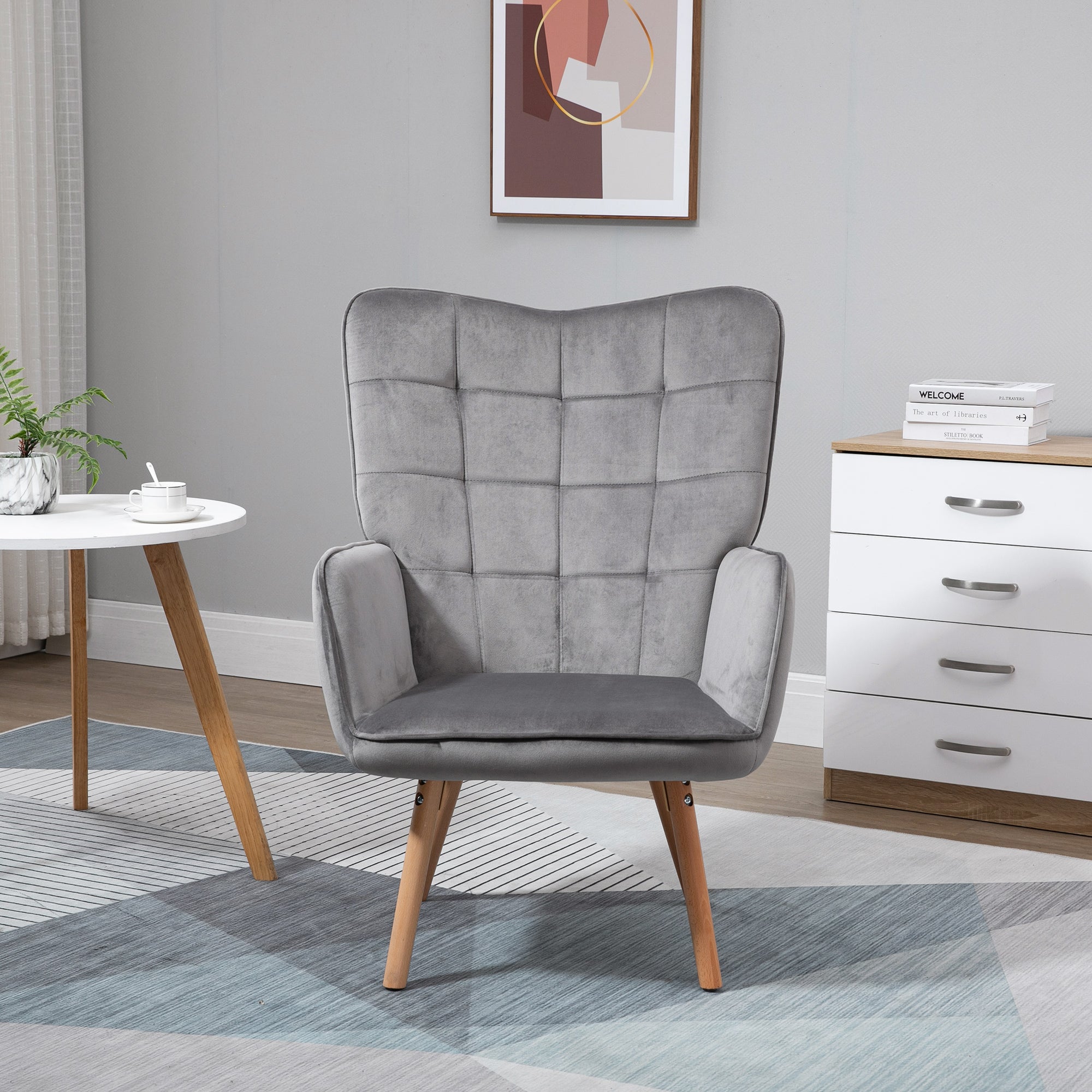 HOMCOM Modern Accent Chair Velvet-Touch Tufted Wingback Armchair Upholstered Leisure Lounge Sofa Club Chair with Wood Legs, Grey - North Peak Garden Furniture