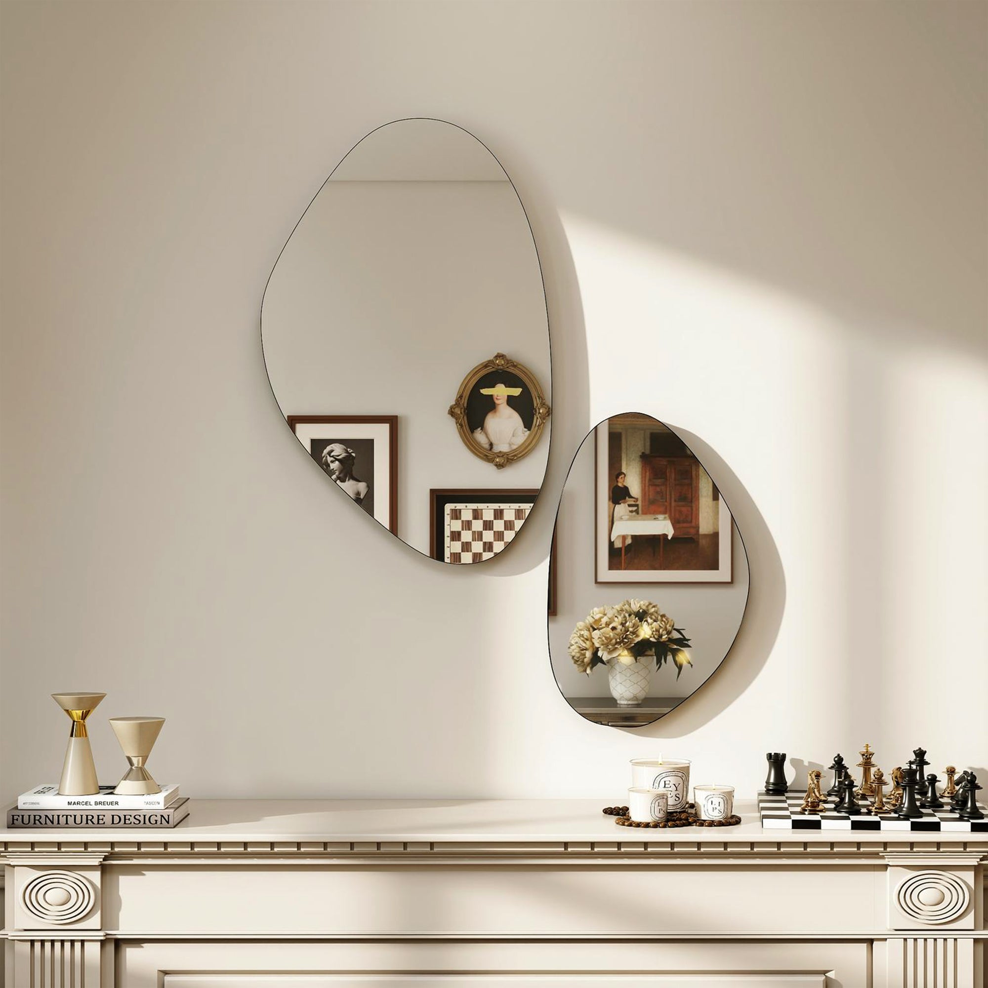 HOMCOM Set of 2 Pebble-Shaped Wall Mirror - Black