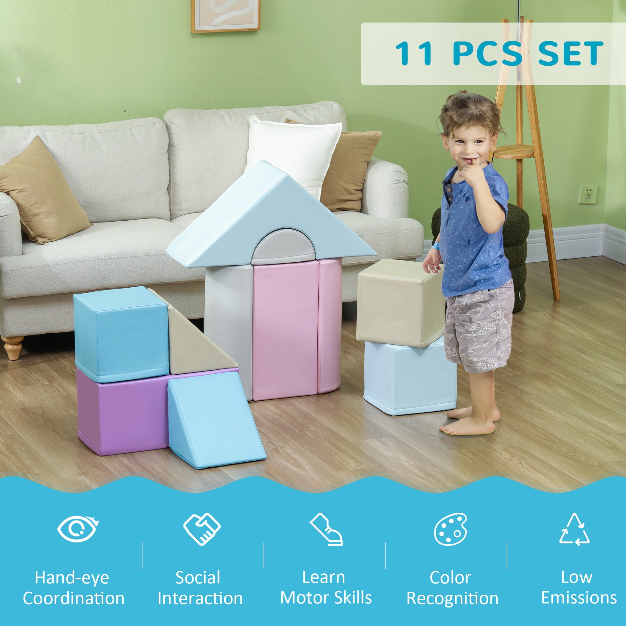 HOMCOM 11-Piece Soft Play Set Kids Foam Blocks, Toys for Climb and Crawl, Blue - North Peak Garden Furniture