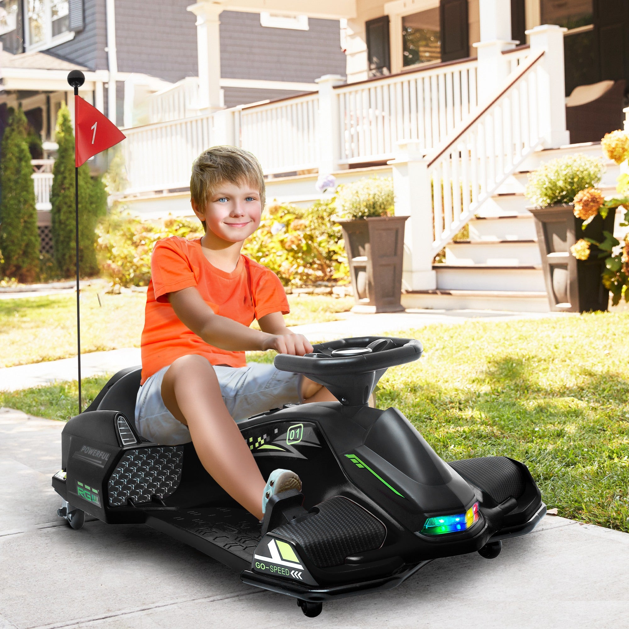 HOMCOM 12V Kids Electric Go Kart with Music, LED Lights, Slow Start, Black - North Peak Garden Furniture