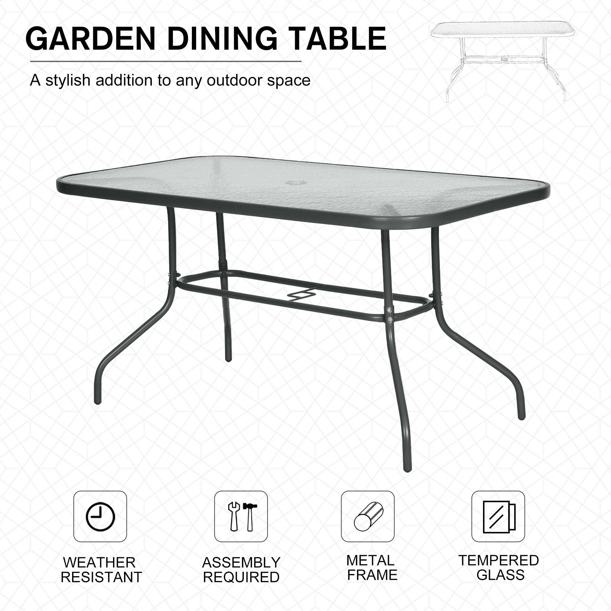 Outsunny Garden Dining Table Glass Top Metal Frame with Parasol Hole Outdoor Balcony Grey 140L x 80Wcm