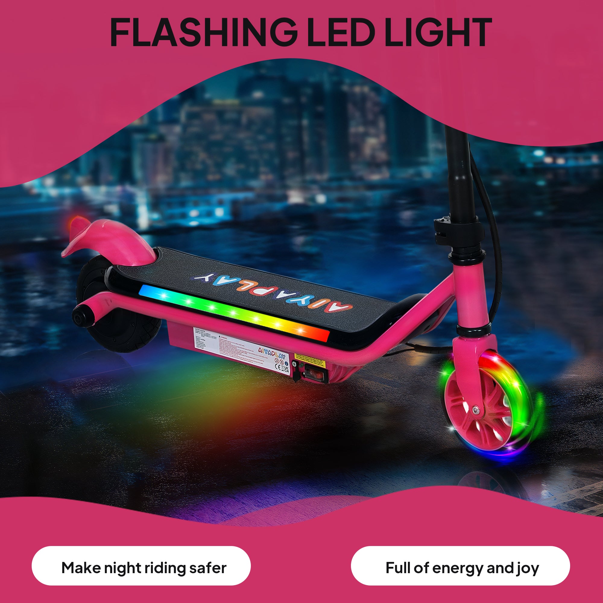 AIYAPLAY Electric Scooter for Kids Ages 6-14, with Dual Brakes, Flash Wheel and Colourful Light, Kids Electric Scooter E Scooter, Up to 12 KM/H & 10 KM, Pink - North Peak Garden Furniture
