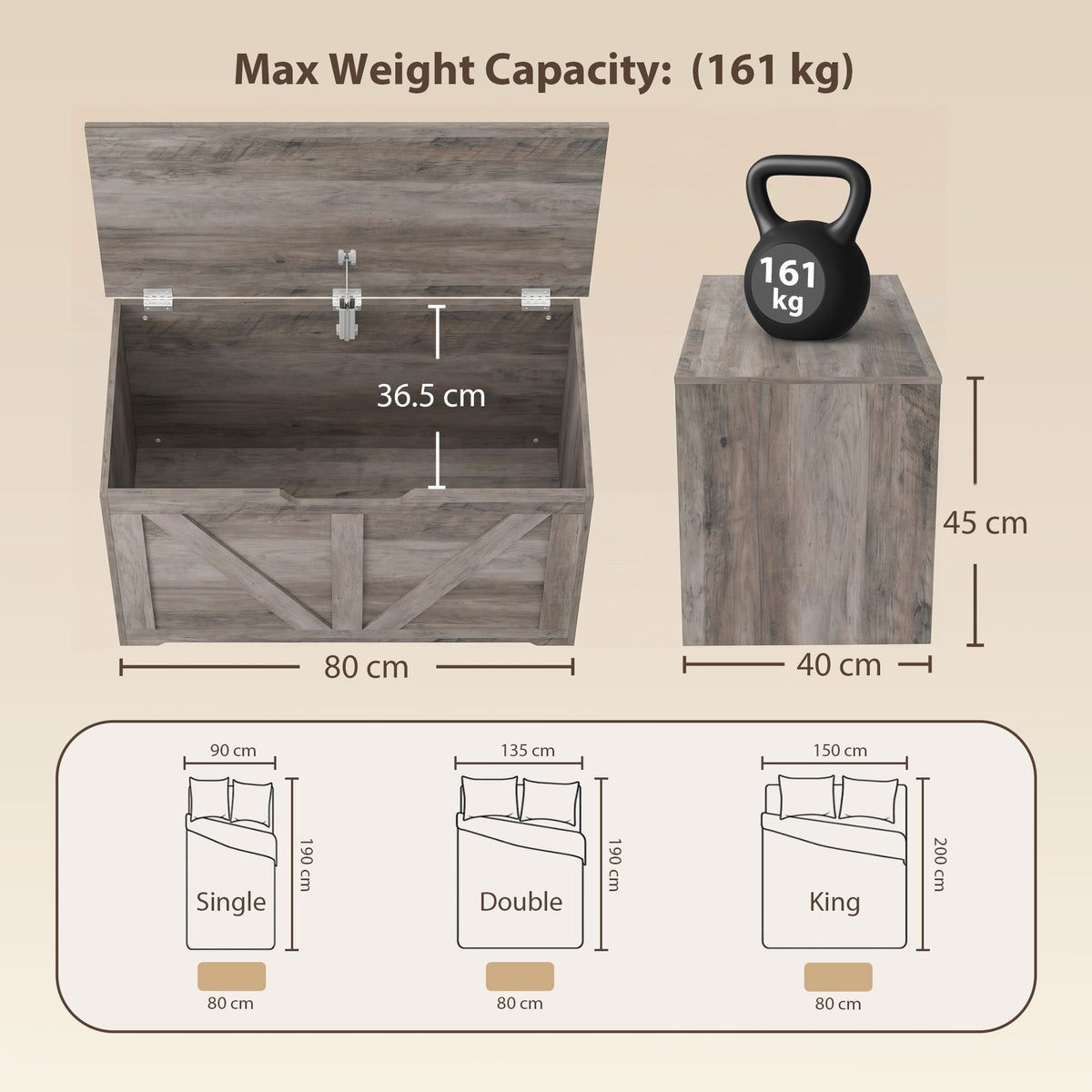 HOMCOM 100L Home Storage Box, with Safety Hinge - Grey Wood-Effect