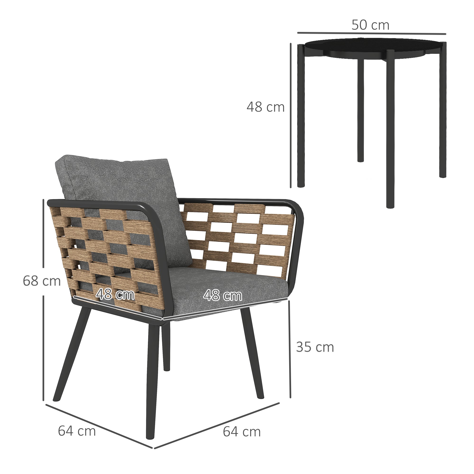 Outsunny 3 Pieces Rattan Bistro Set with Washable Seat and Back Cushions, Glass Top Coffee Table, for Outdoor, Patio, Black - North Peak Garden Furniture