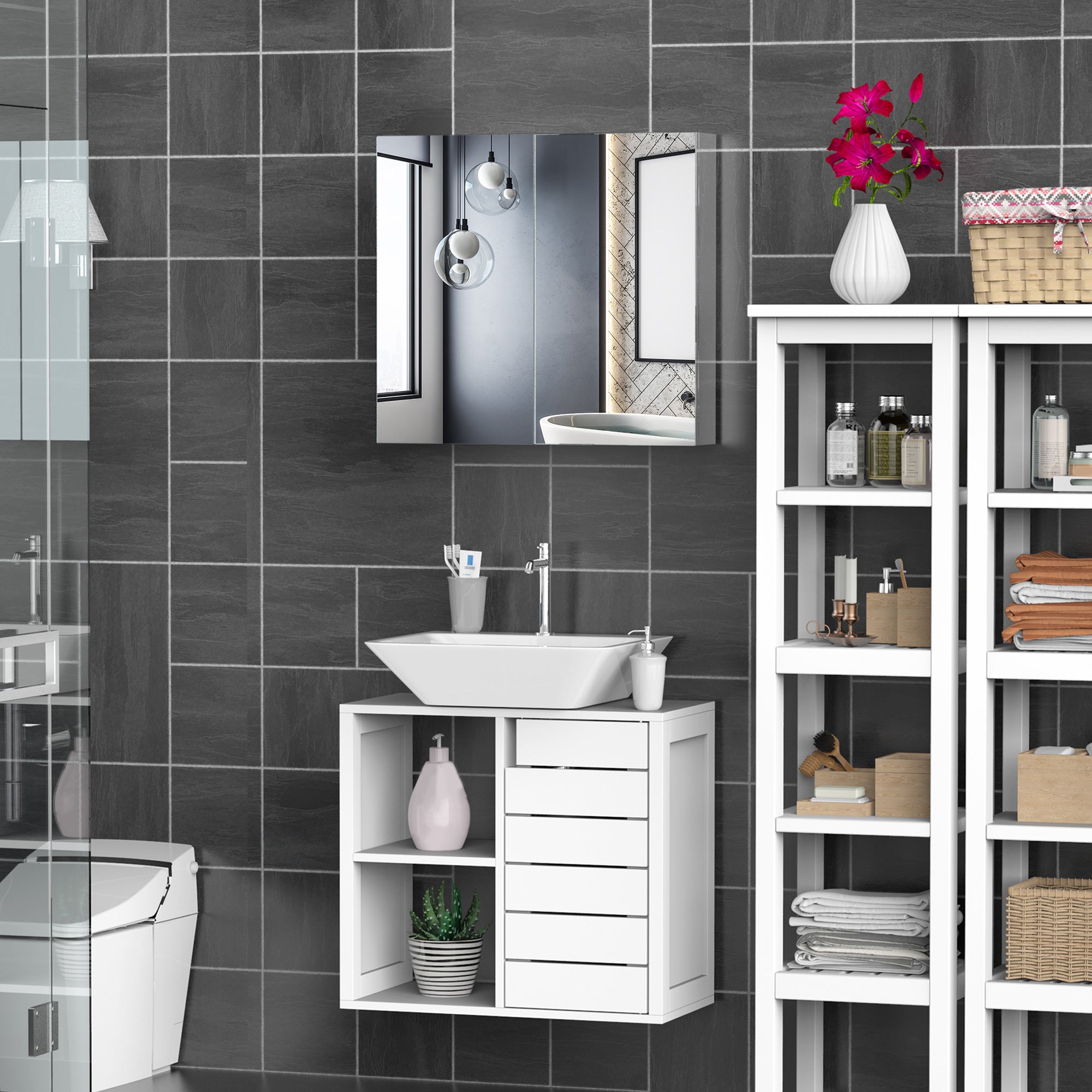 HOMCOM Bathroom Mirror Cabinet, Stainless Steel Wall Mounted Bathroom Storage Cabinet with Double Doors, 60x55cm - North Peak Garden Furniture