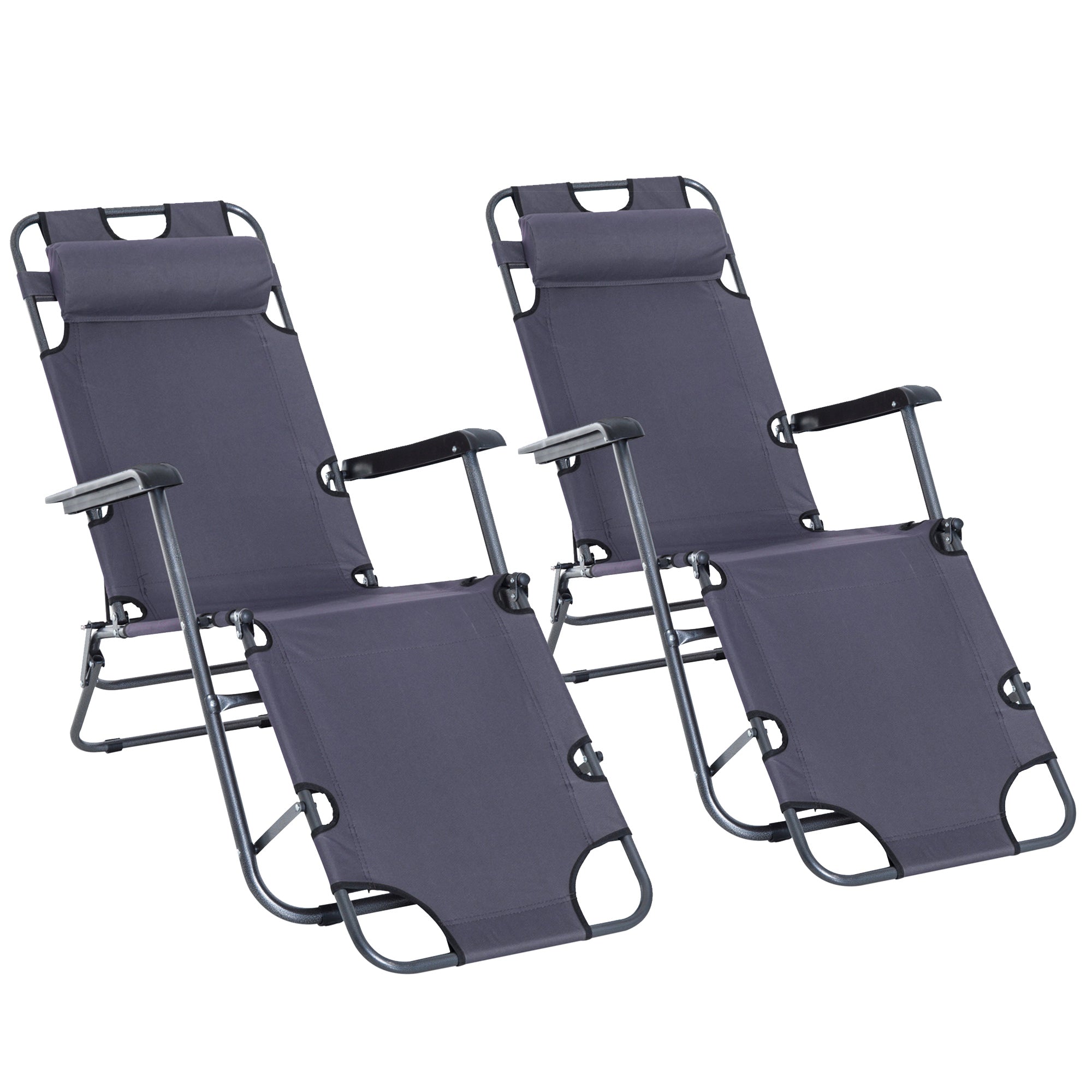 Outsunny 2 Pieces 2 in 1 Sun Lounger Folding Reclining Chair Garden Outdoor Camping Adjustable Back with Pillow, Grey - North Peak Garden Furniture