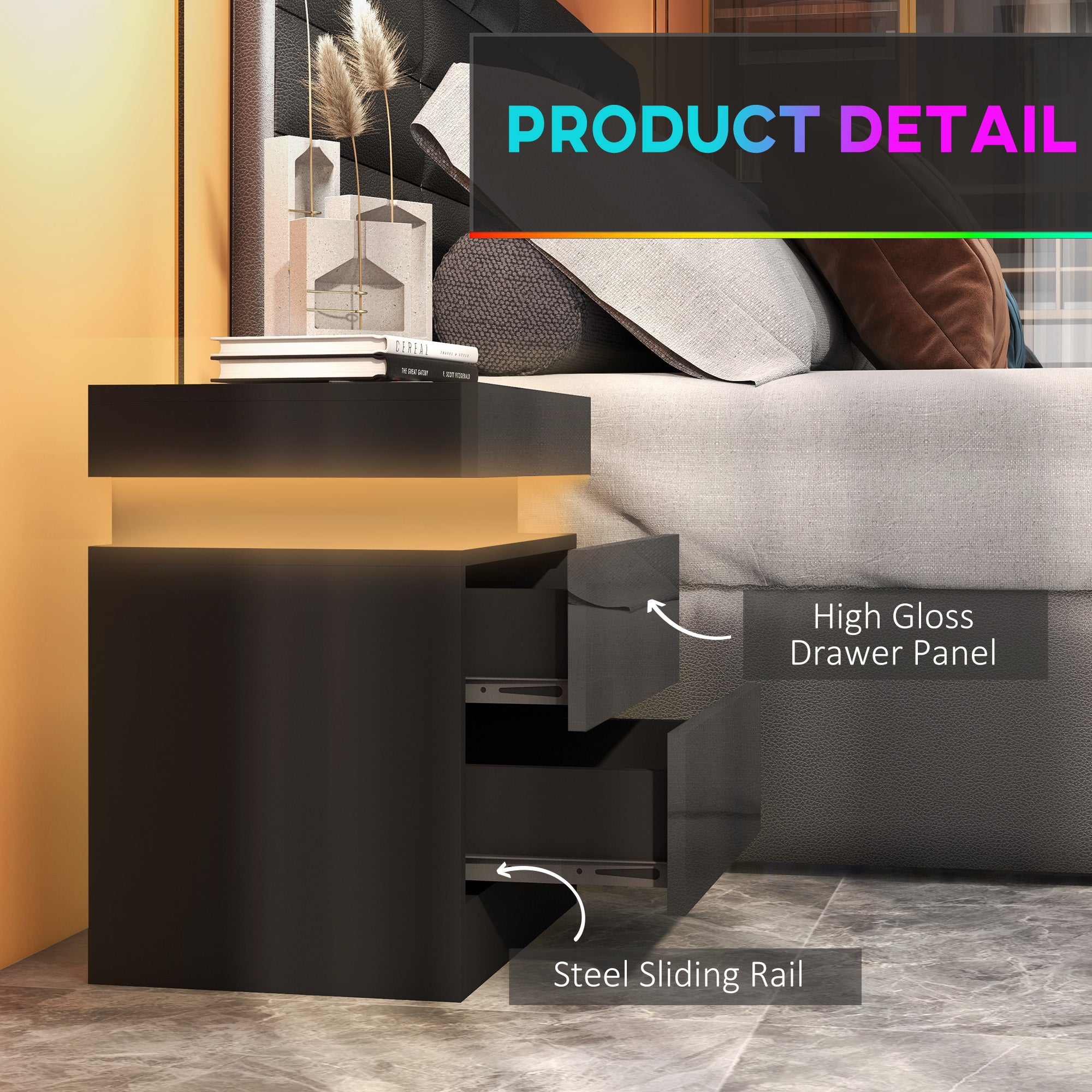 HOMCOM Black Bedside Table with LED Light, High Gloss Front Nightstand with 2 Drawers, for Living Room, Bedroom - North Peak Garden Furniture